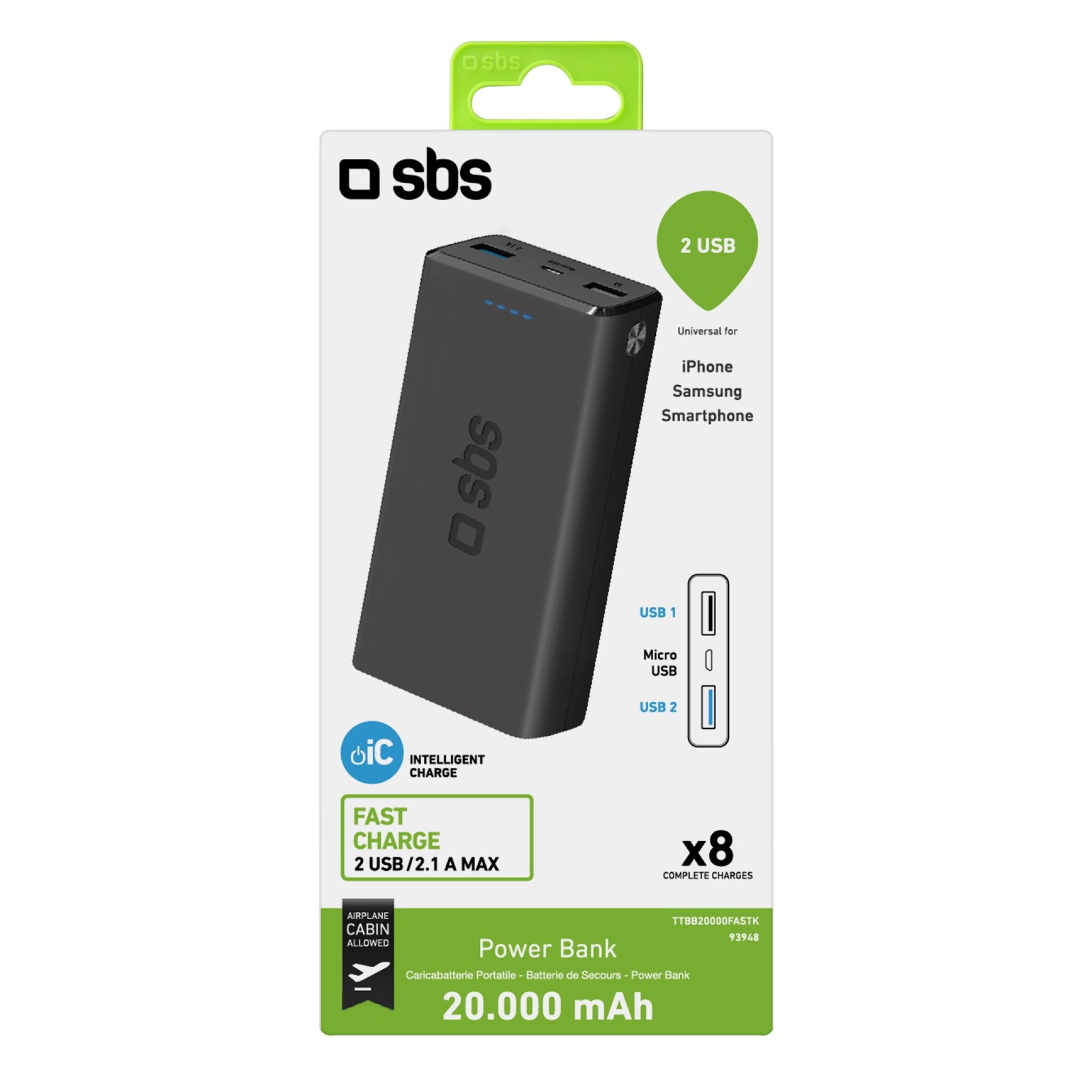 SBS Fast Charge Power Bank. 20.000 mAh. Black