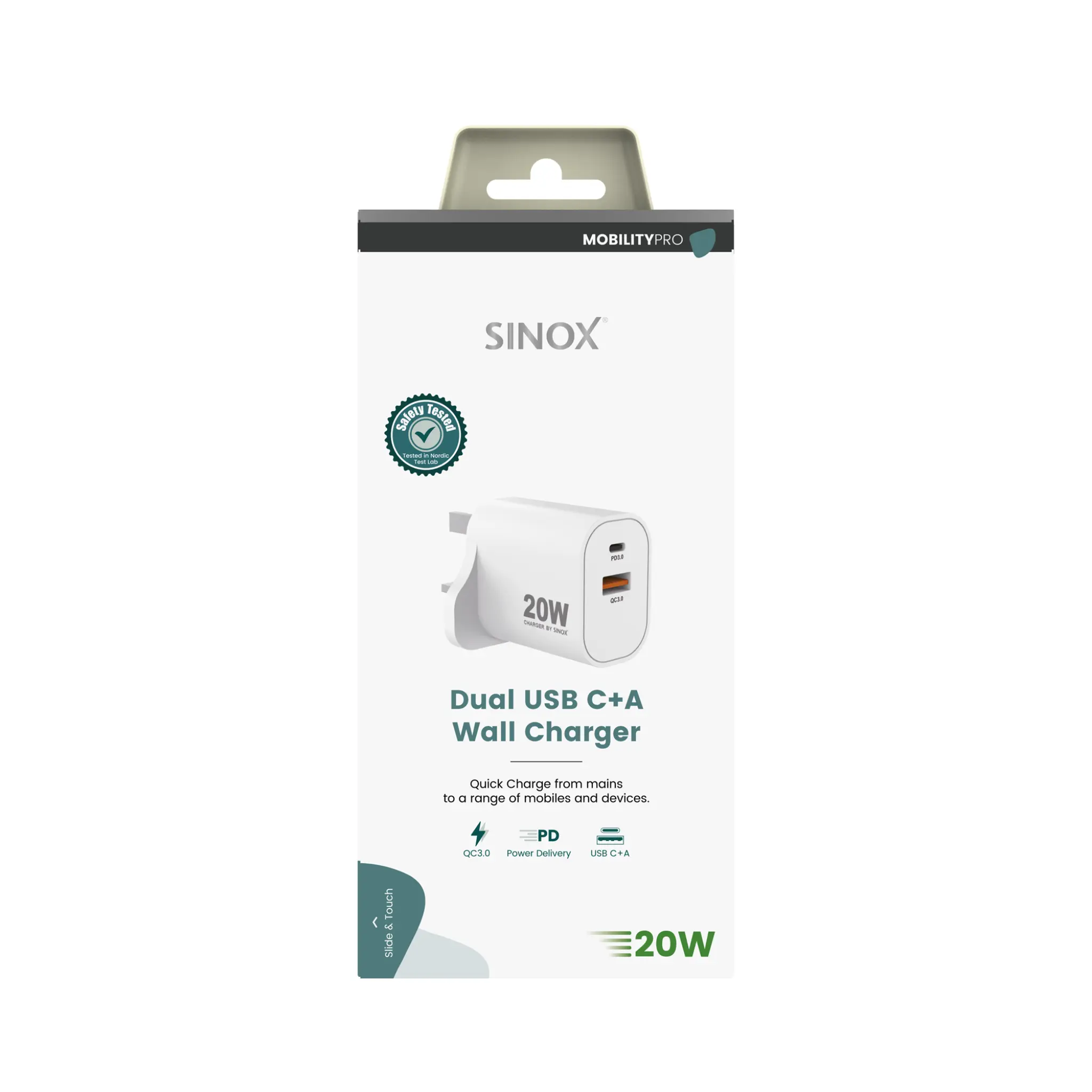 Sinox PRO vegglader USB-A+USB-C 20W. Hvit