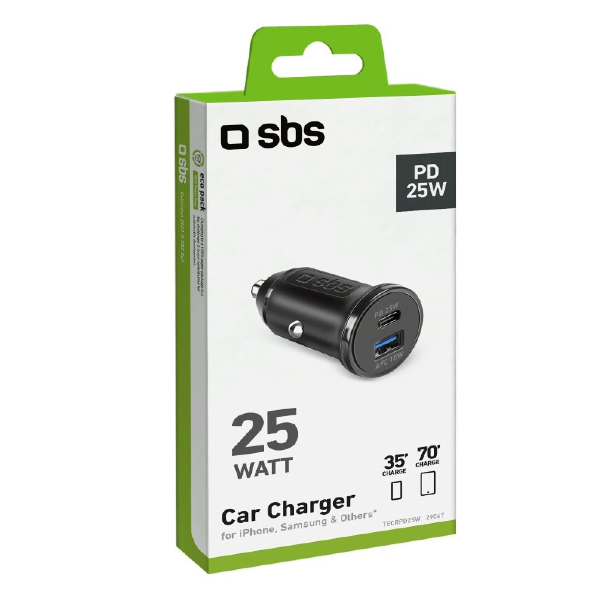 SBS 25W car charger - Ultra-fast charging with Power Delivery (PD). Black