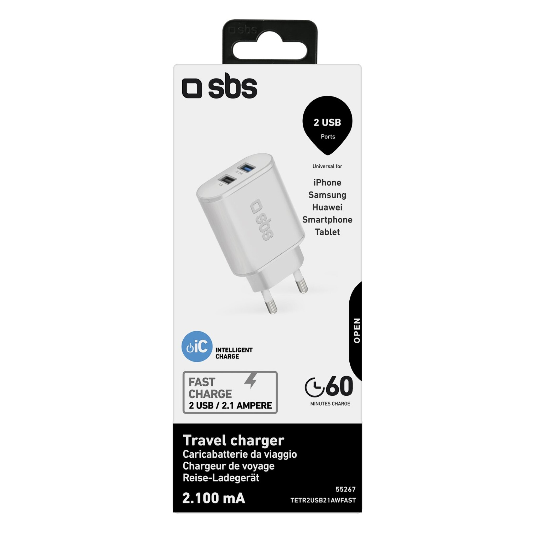 SBS 2100 mAh Charger. 2.1A + 1A. White