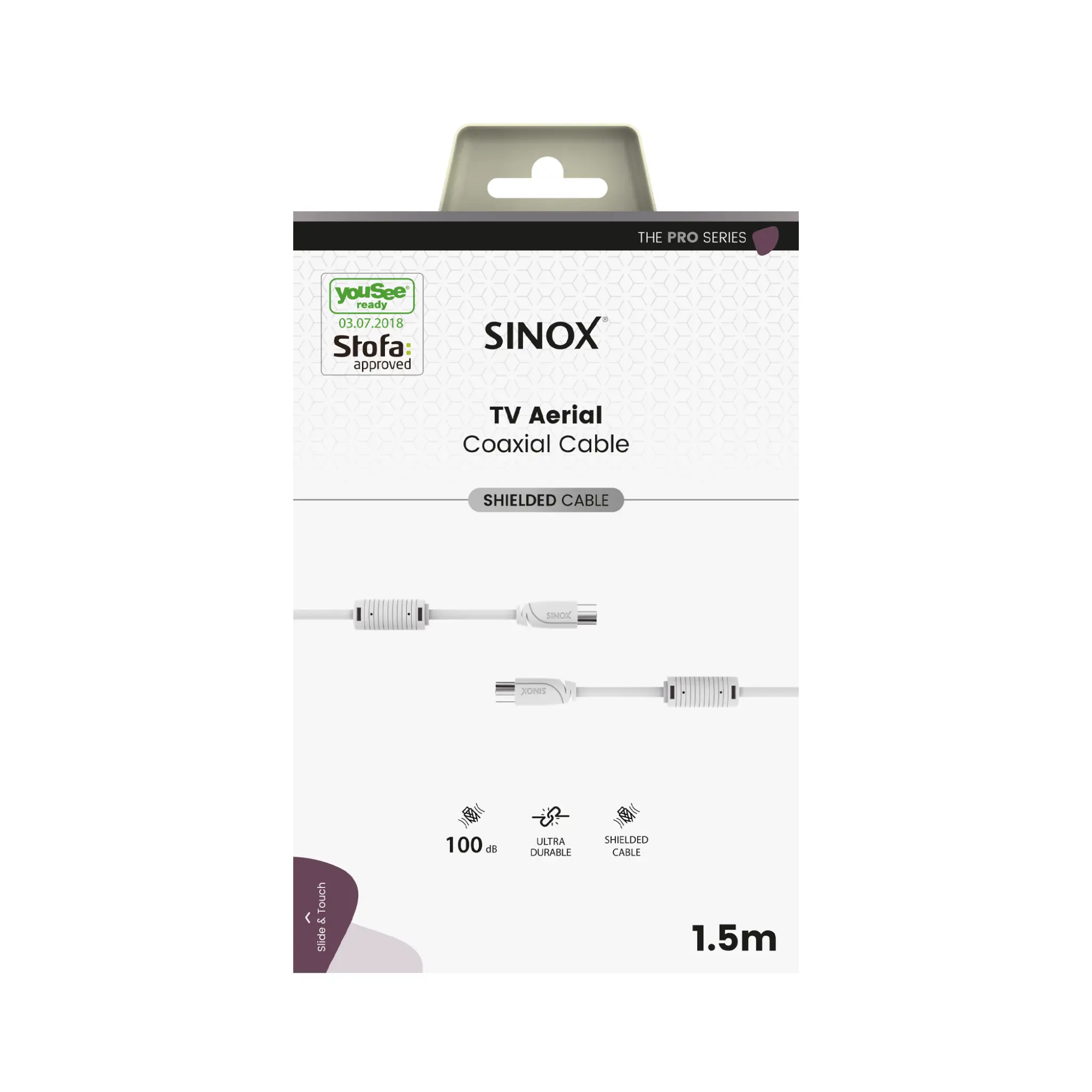 Sinox PRO Antennekabel YouSee Ready & Stofa godkjent. 1.5m. Hvit