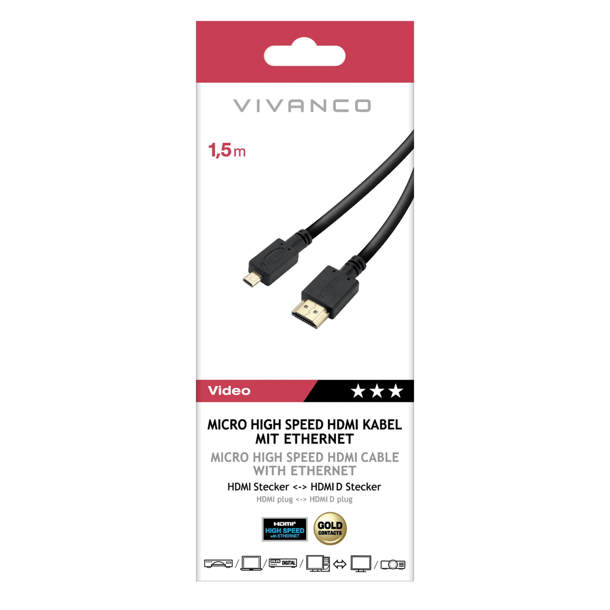 Vivanco Premium høyhastighets HDMI-kabel med Ethernet, 1,5 m