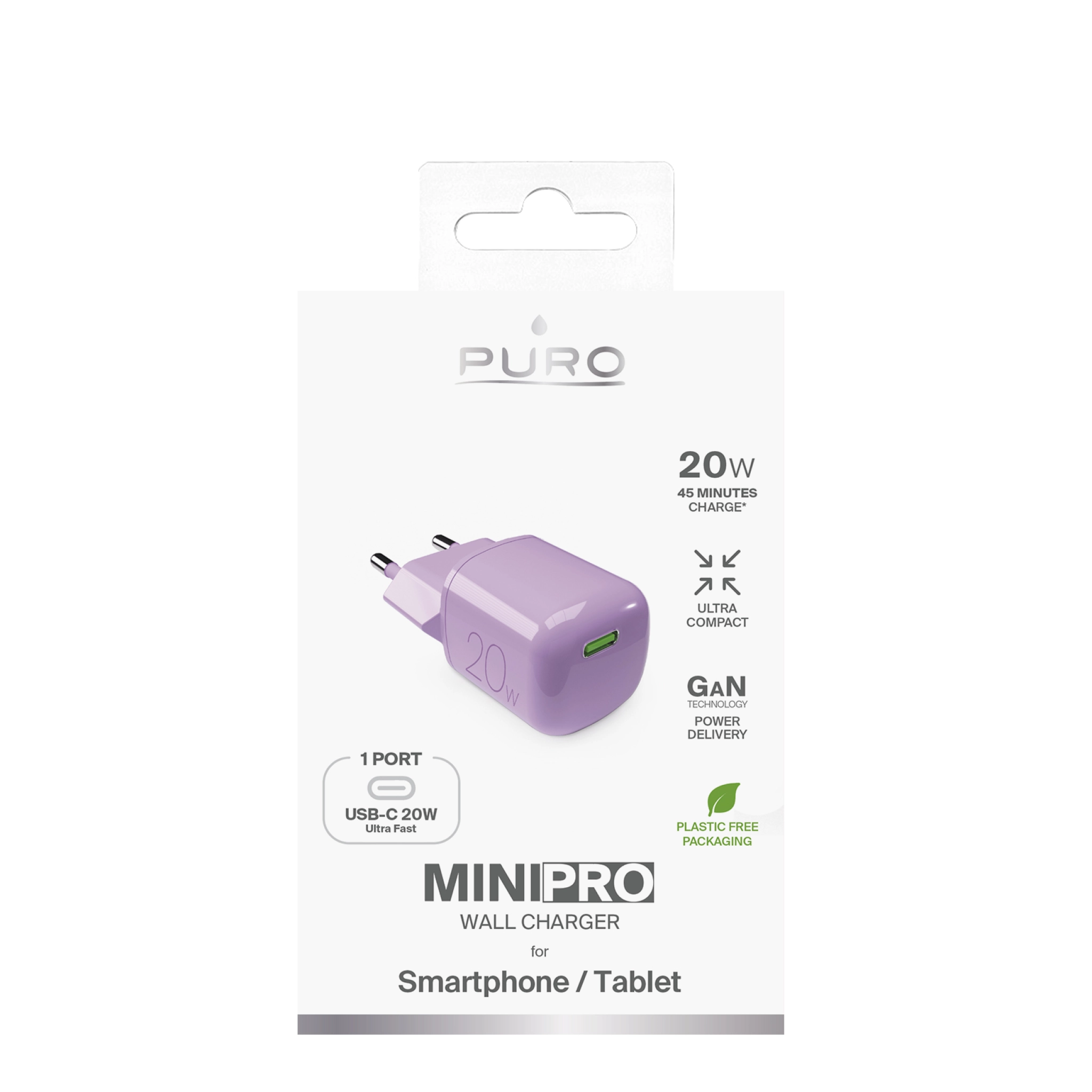 PURO MiniPro 20W USB-C vegglader - GAN-teknologi. Rosa