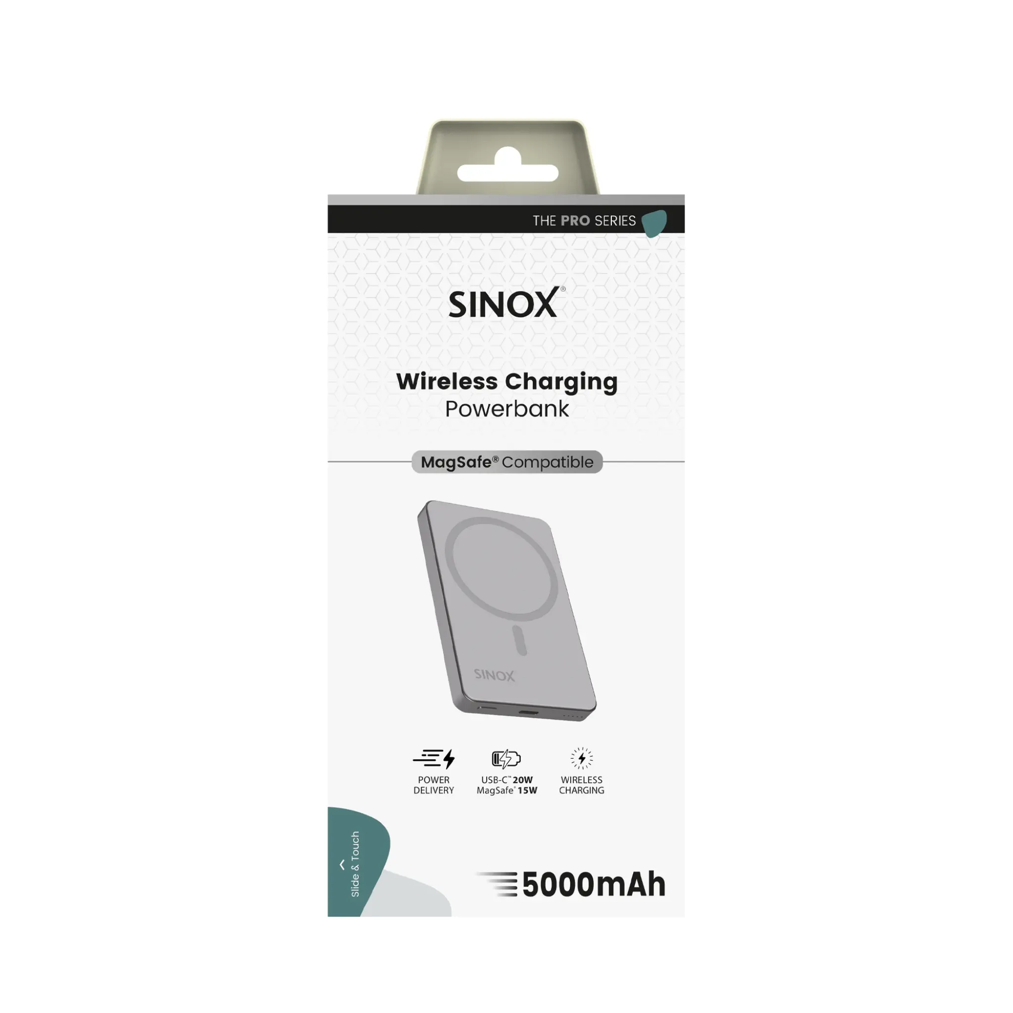 Sinox PRO trådløs powerbank 5000 mAh. Grå