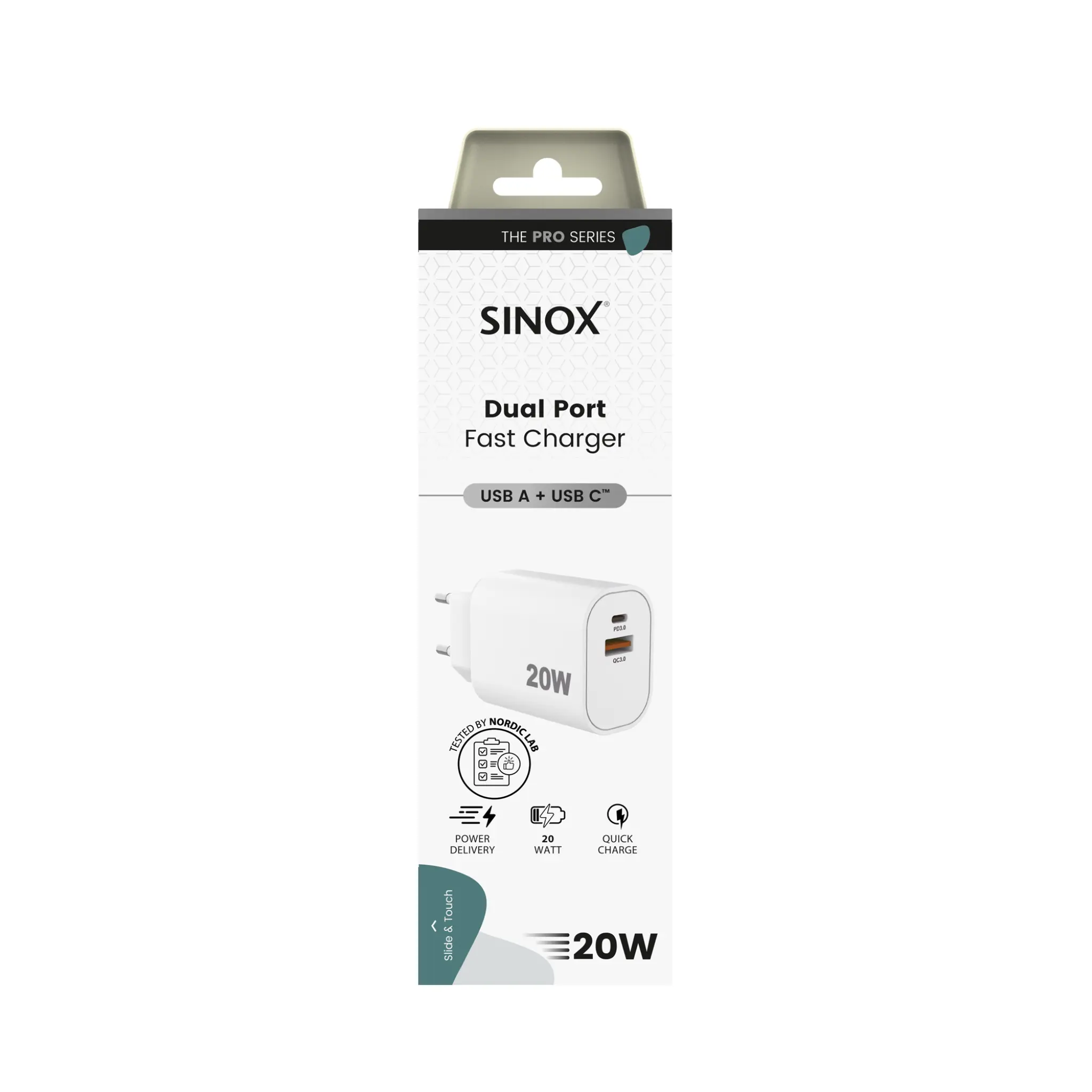 Sinox PRO vegglader USB-A+USB-C 20W. Hvit