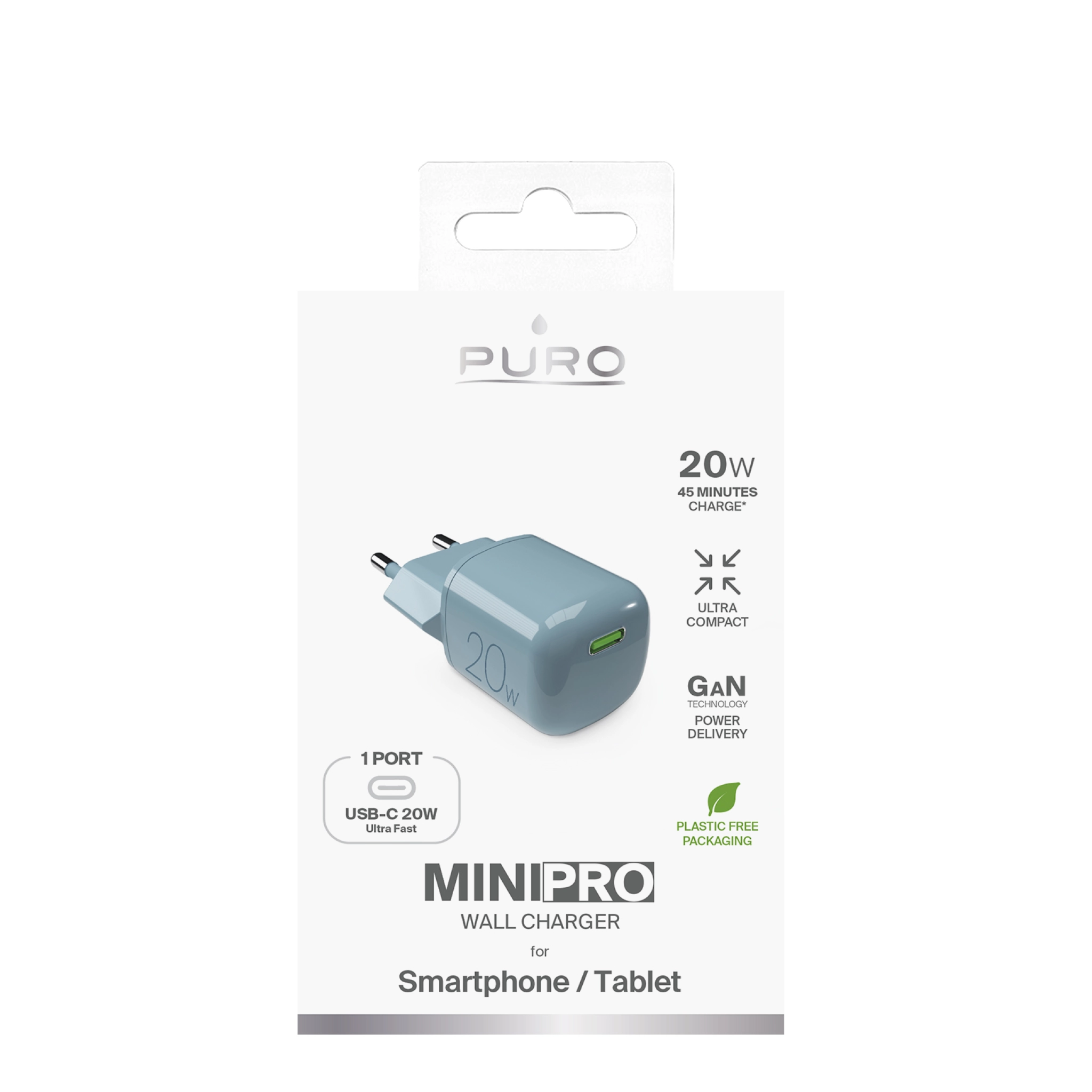 PURO MiniPro 20 W USB-C-vegglader - GAN-teknologi. Grønn