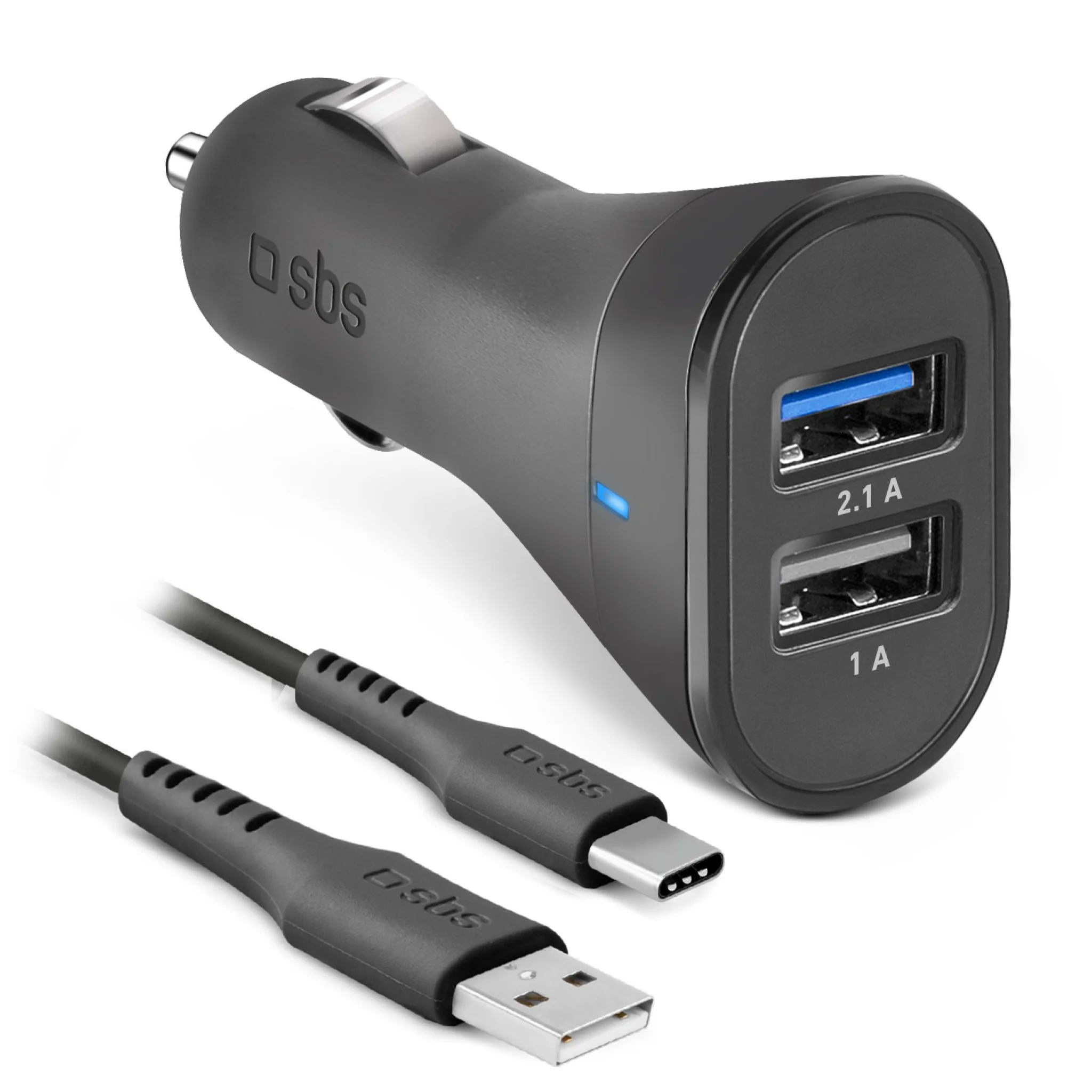 SBS USB-Type-C Car Charger Kit. 1A + 2.1A. 1m. Black