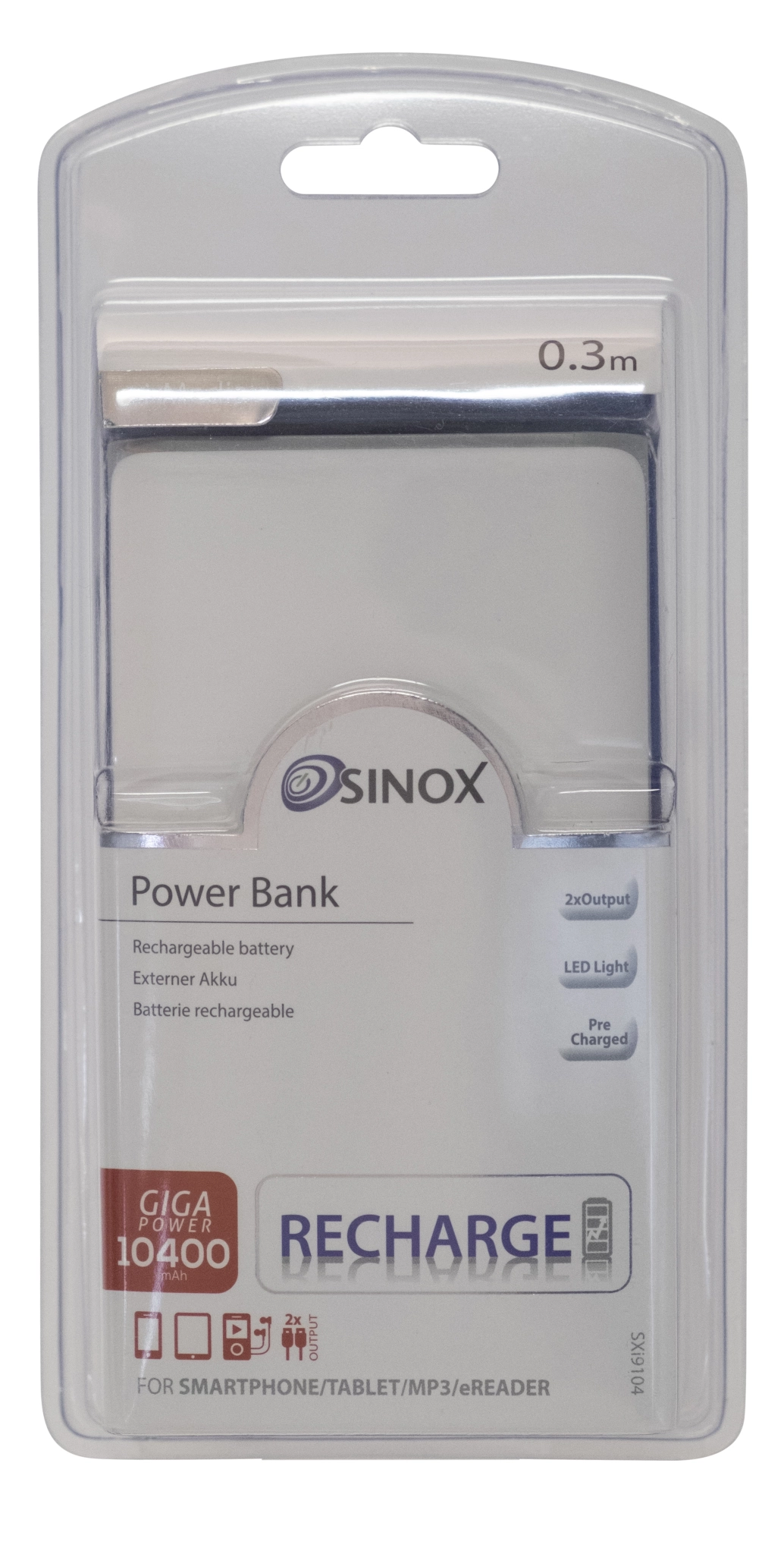 Sinox Power Bank 10400 mAh. Hvit