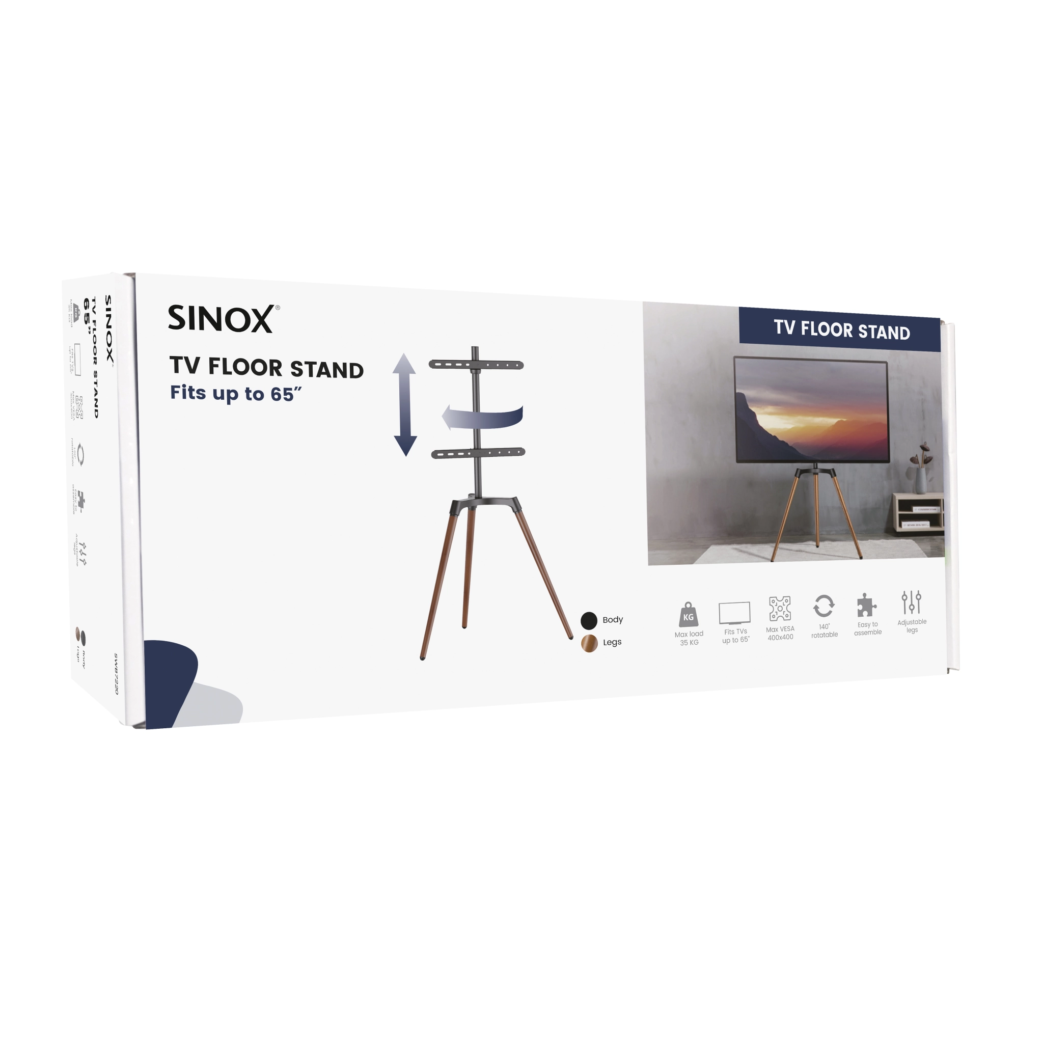 Sinox Tripod TV Floor Stand. 50"-65". Black & Walnut
