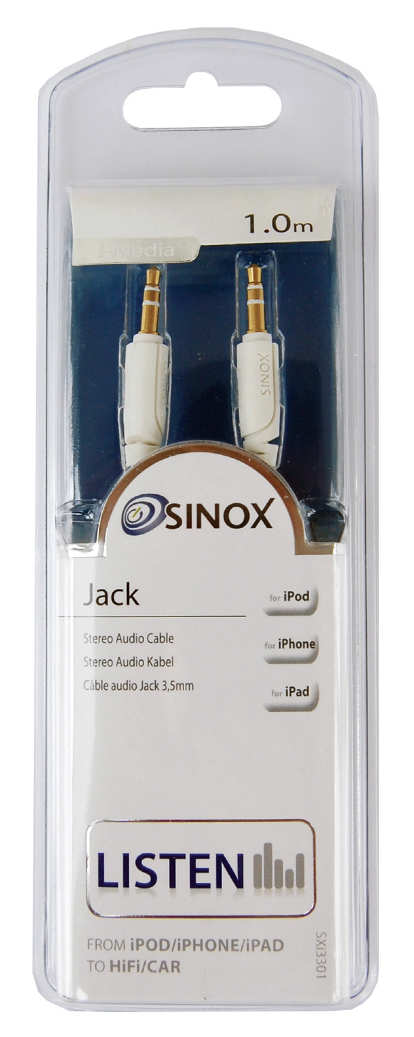 Sinox Mini Jack-kabel. 1m. Hvit