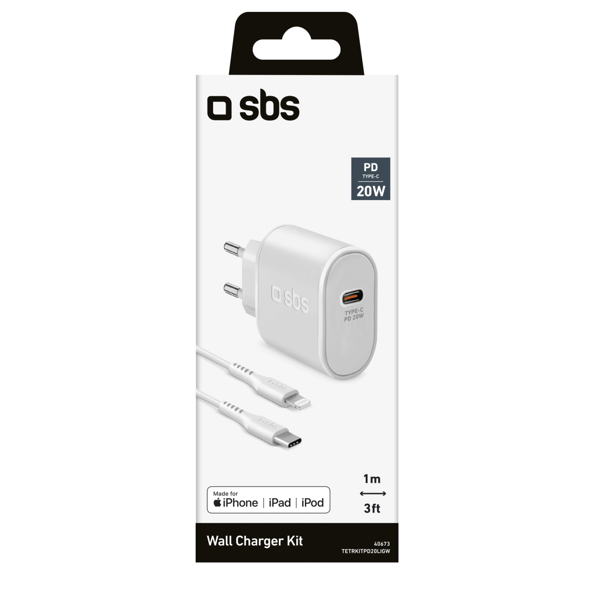 SBS 20W Charger. 1m MFI Lightning Cable. White
