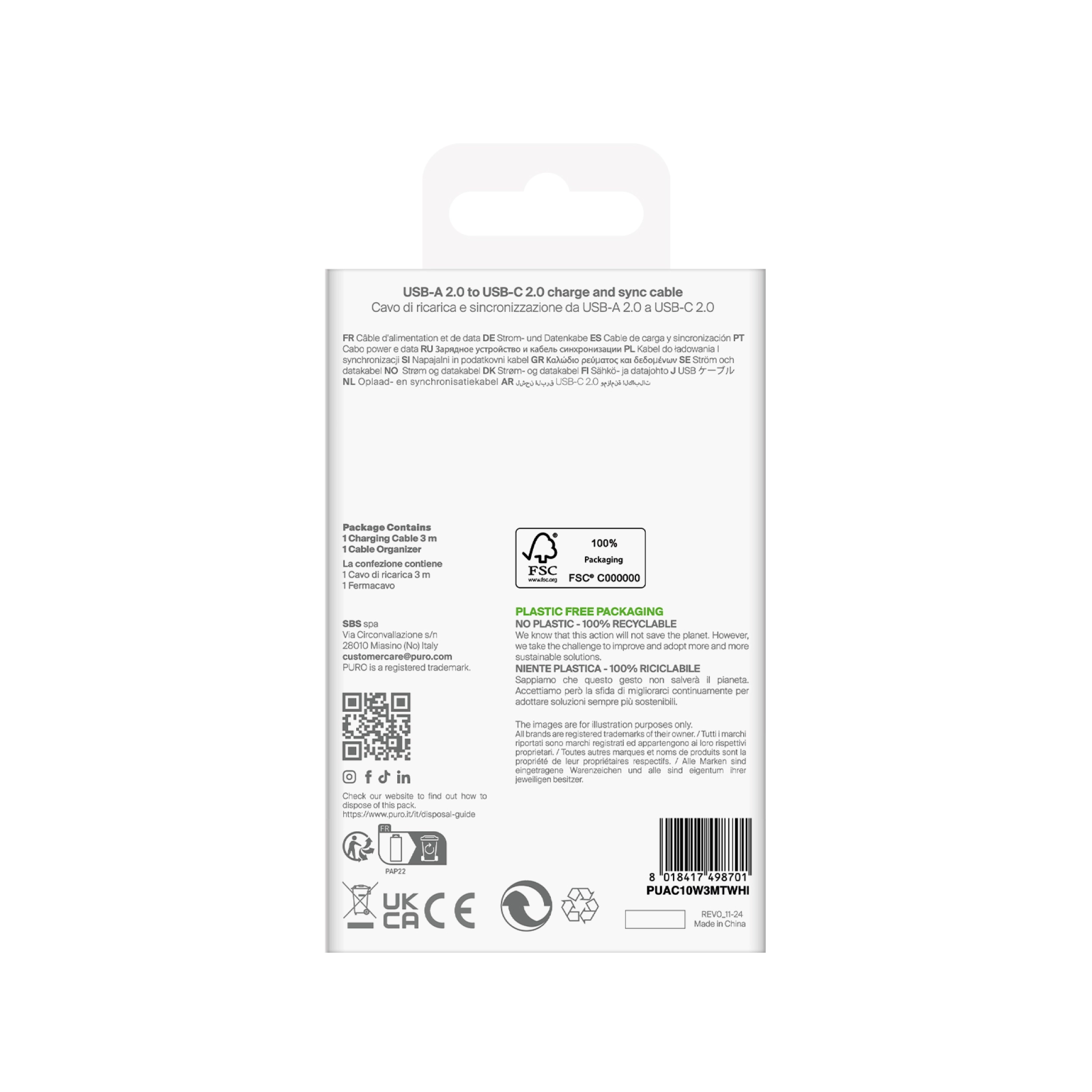 PURO TPE-kabel USB-A til USB-C, 3m, 2,0, 10 W, hvit