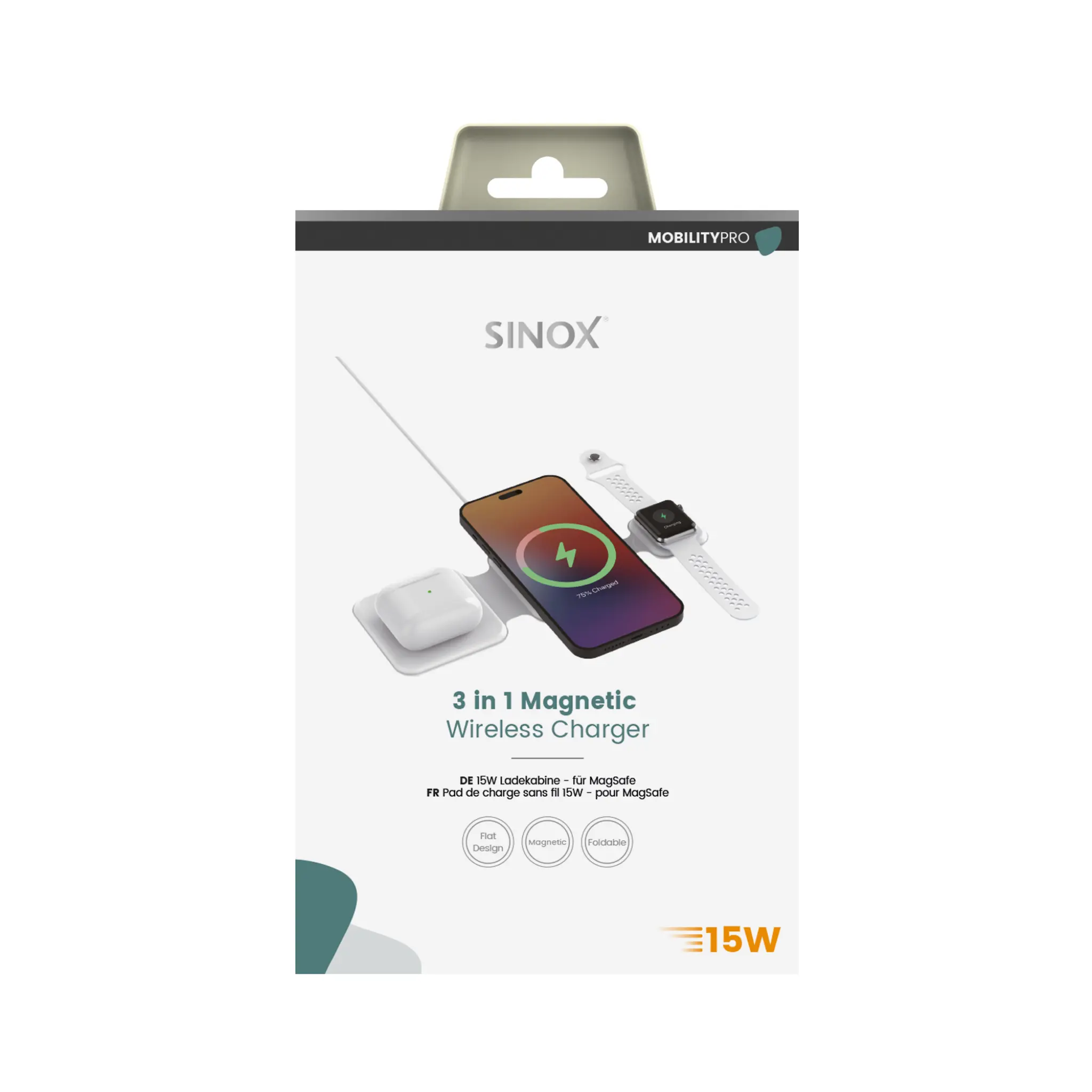 Sinox PRO 3-i-1 trådløs lader på 15 W. 1m. Hvit