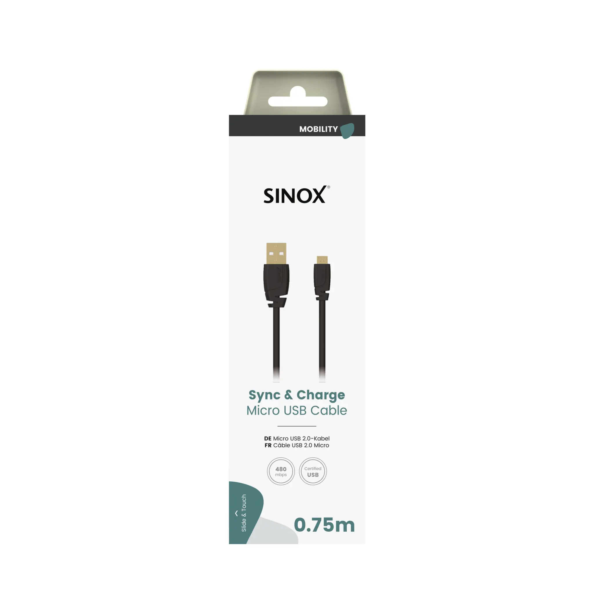 Sinox Micro USB-kabel. 0.75m. Svart