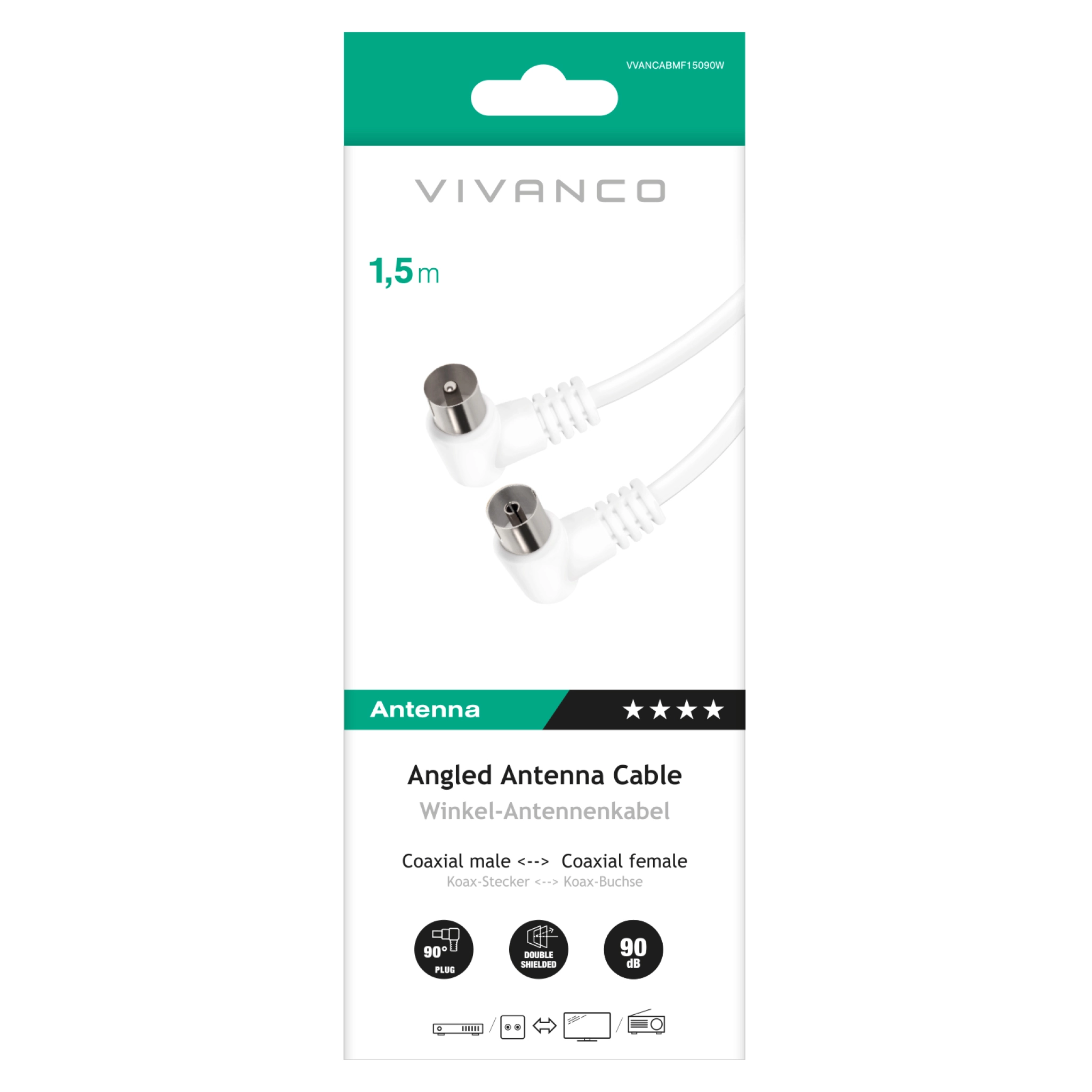 Vivanco 90dB antennekabel med vinklede kontakter