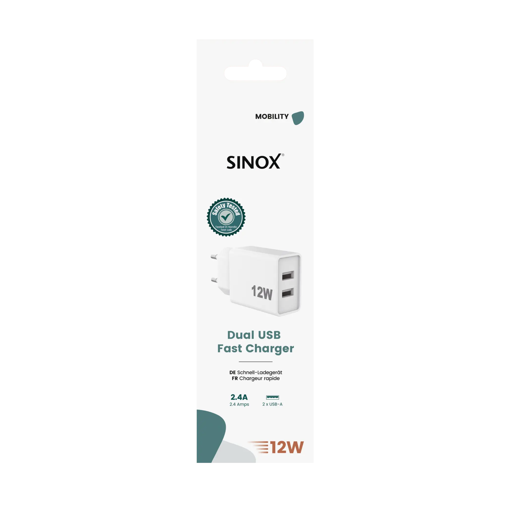 Sinox vegglader 2xUSB-A 12W. Hvit