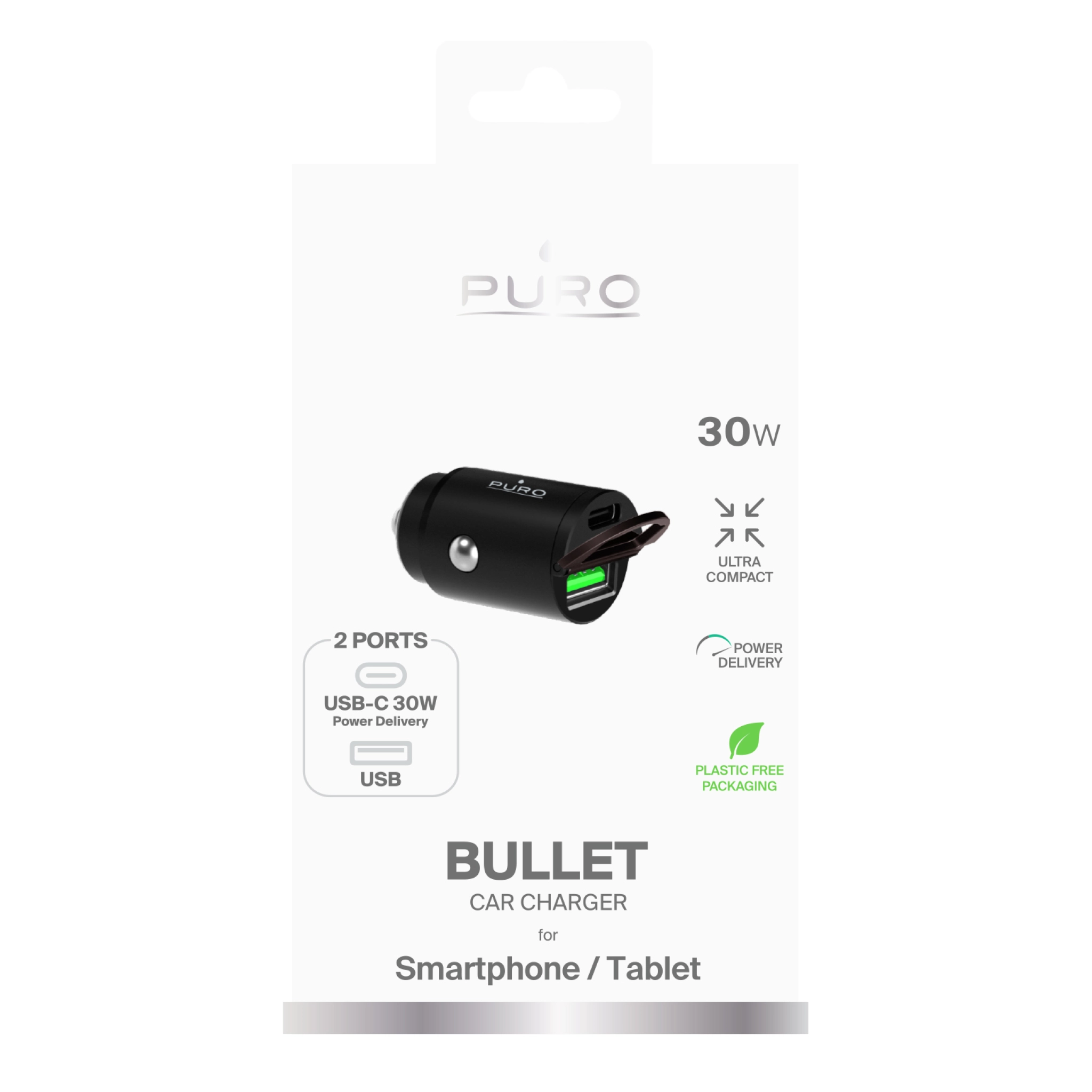 PURO Mini Car Charger "Bullet" USB-C og USB-A hurtiglading og strømforsyning 30W
