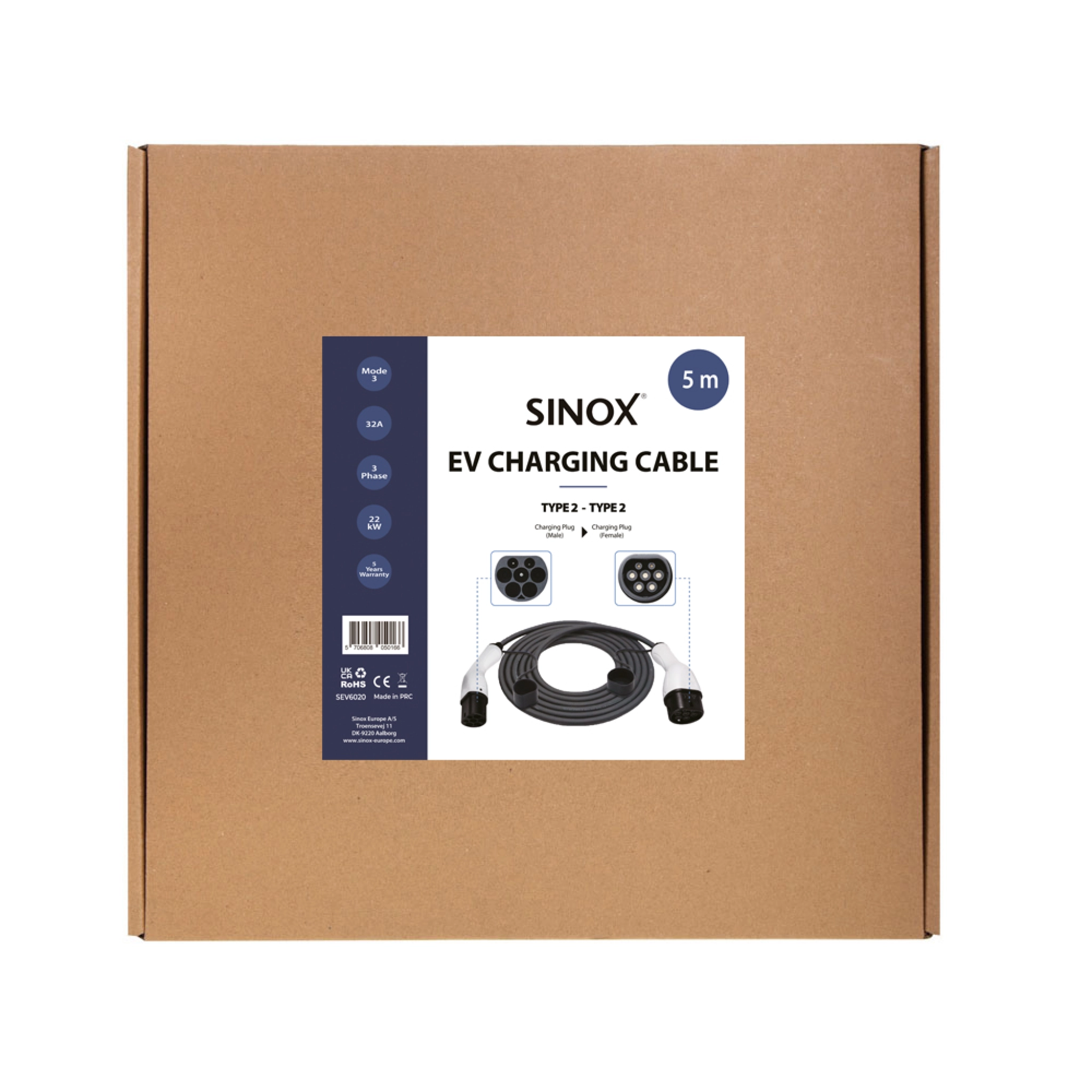 Sinox EV-ladekabel Mode 3. 32A 3 faser. 5m. Svart