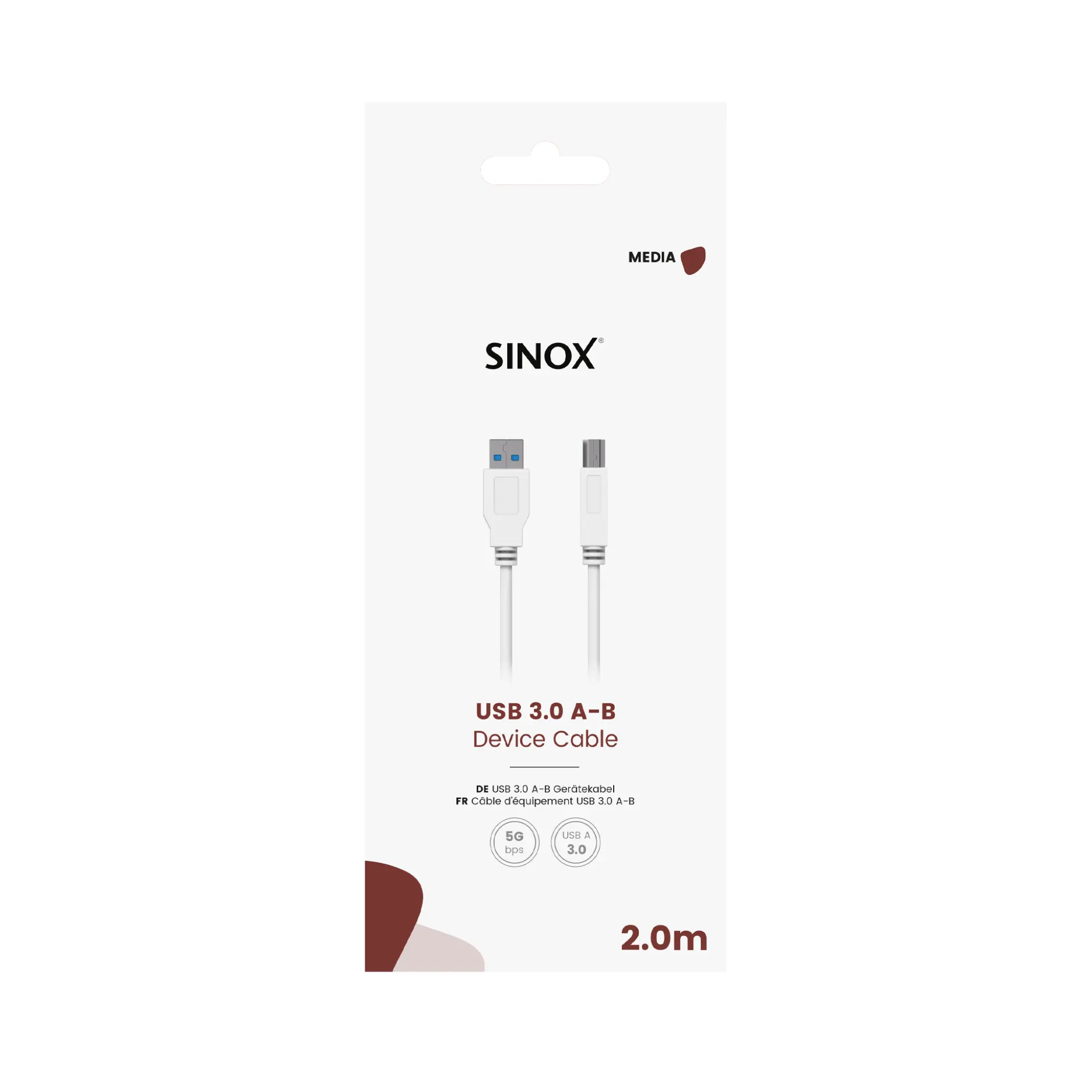 Sinox USB 3.0-kabel. 2m. Hvit