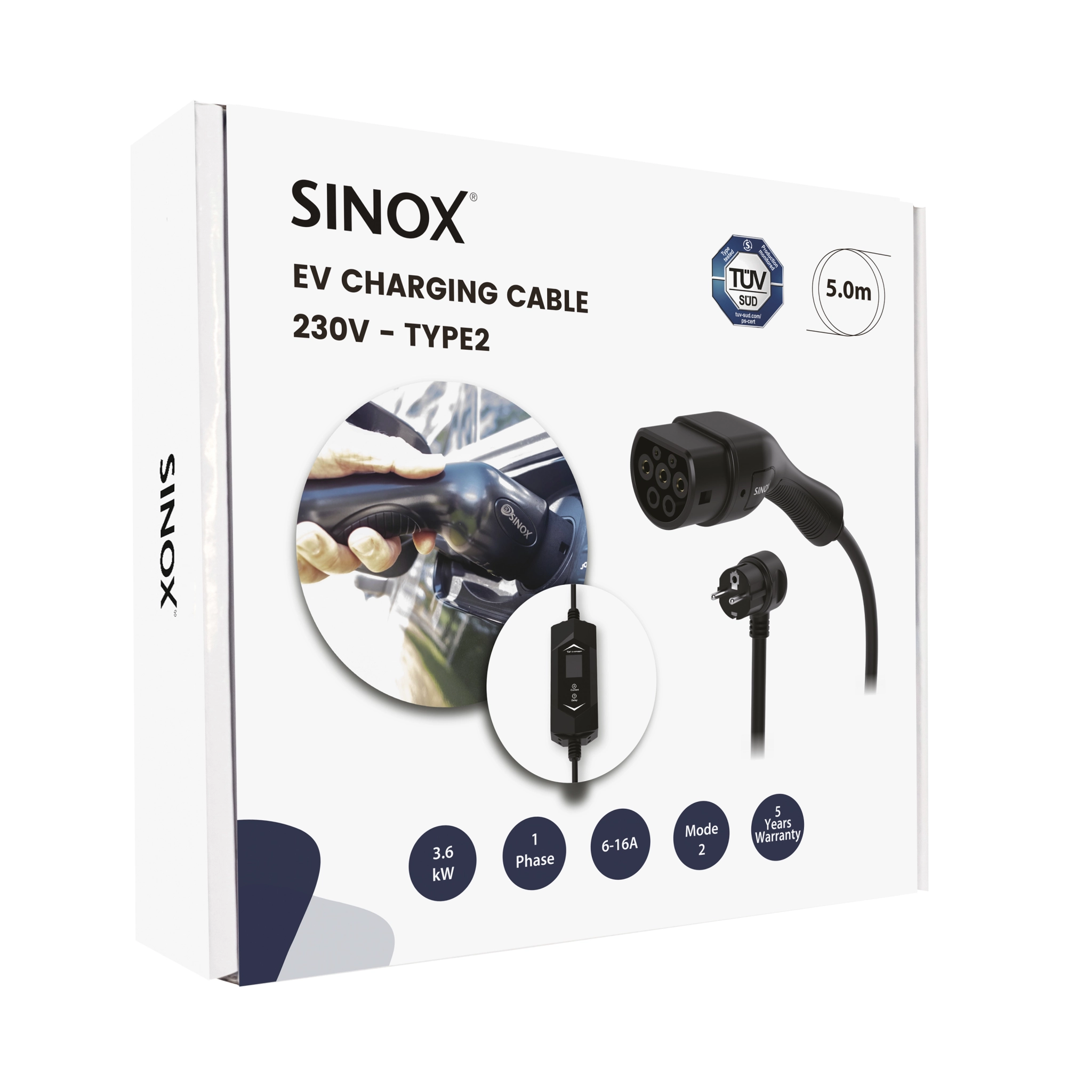Sinox EV-ladekabel Mode 2. 6-16A 1 fase. 5m. Svart