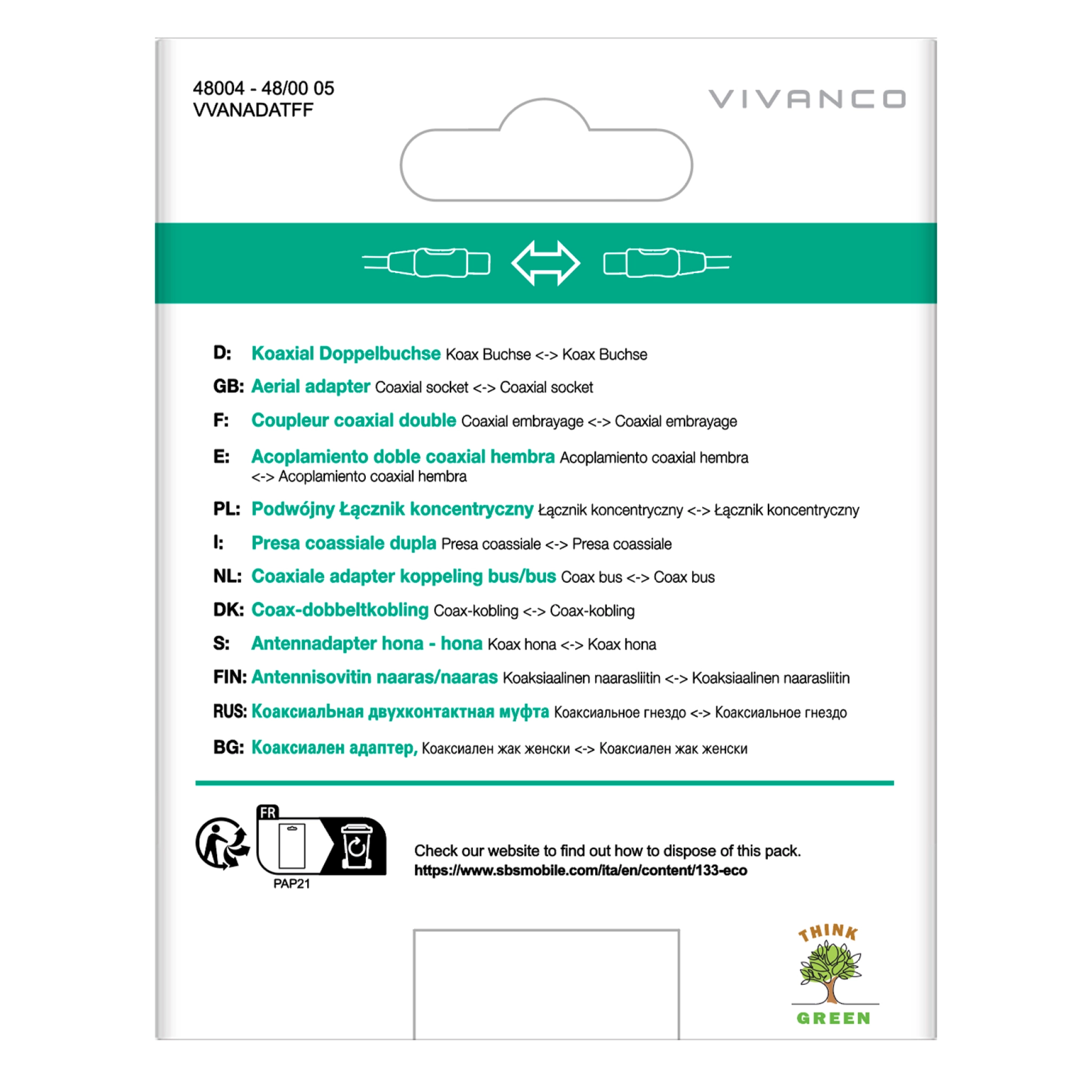 Vivanco koaksial antenneadapter, hunn til hunn