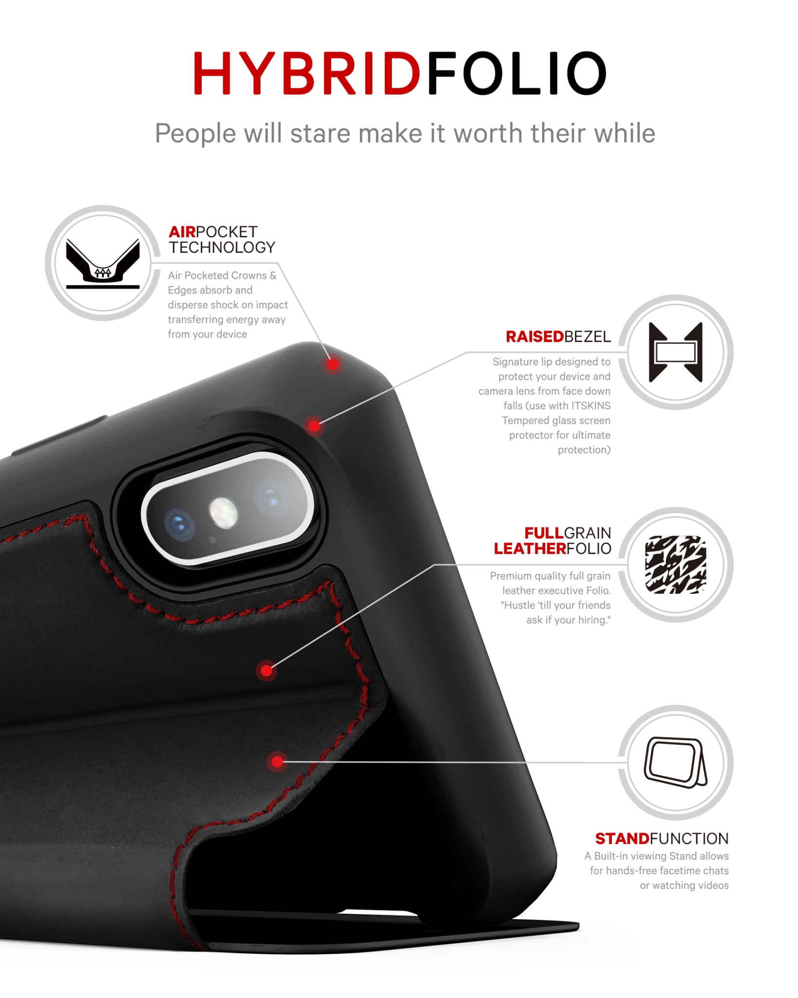 ITSKINS HYBRID FOLIO cover for iPhone XS / X®. Black and red with recycled leather
