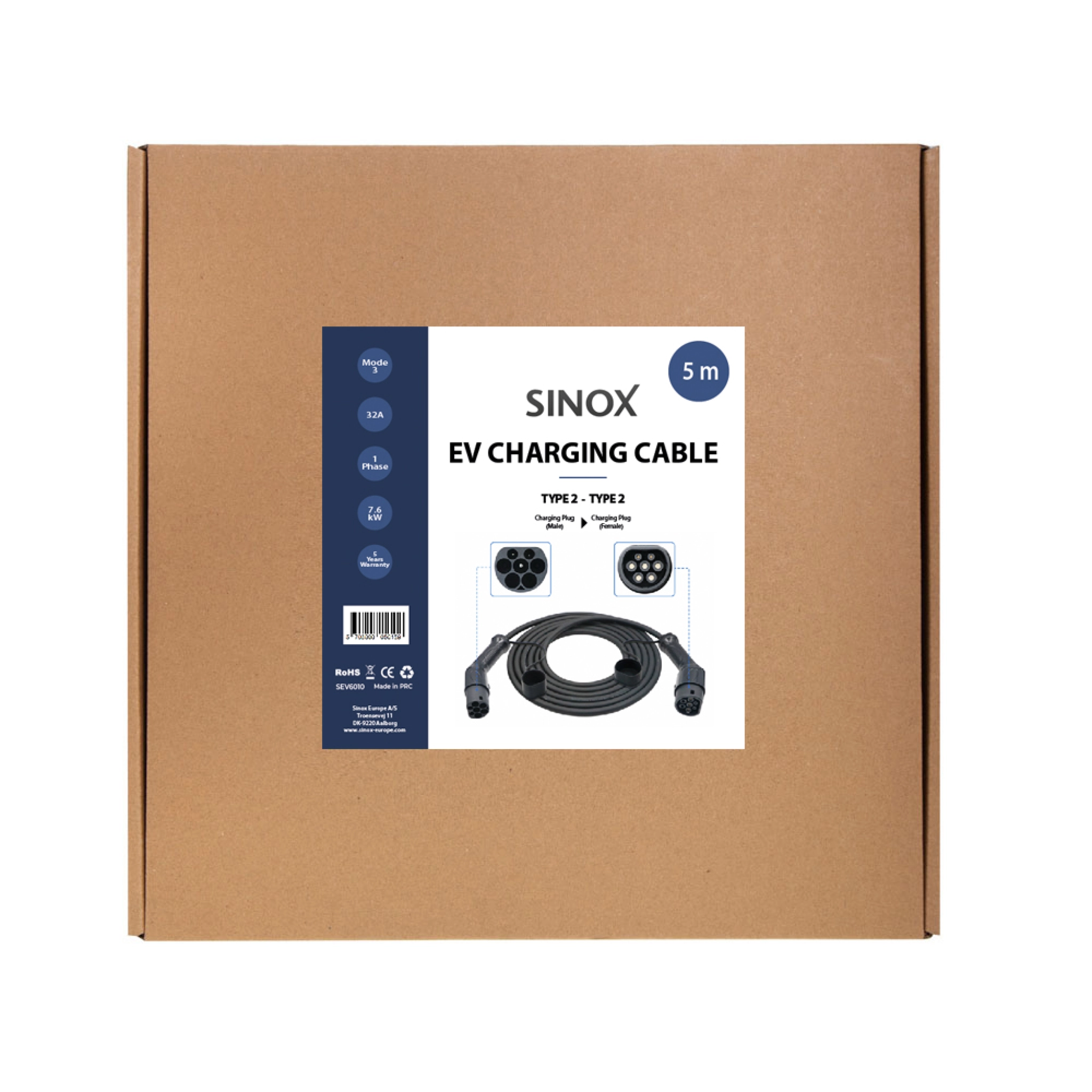 Sinox EV-ladekabel Mode 3. 32A 1 fase. 5m. Svart