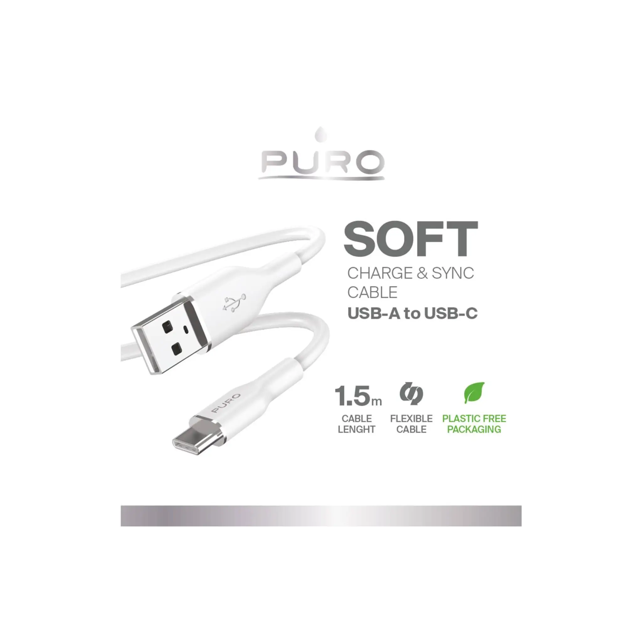 PURO Lade- og synkroniseringskabel SOFT fra USB-A til USB-C 1,5 m