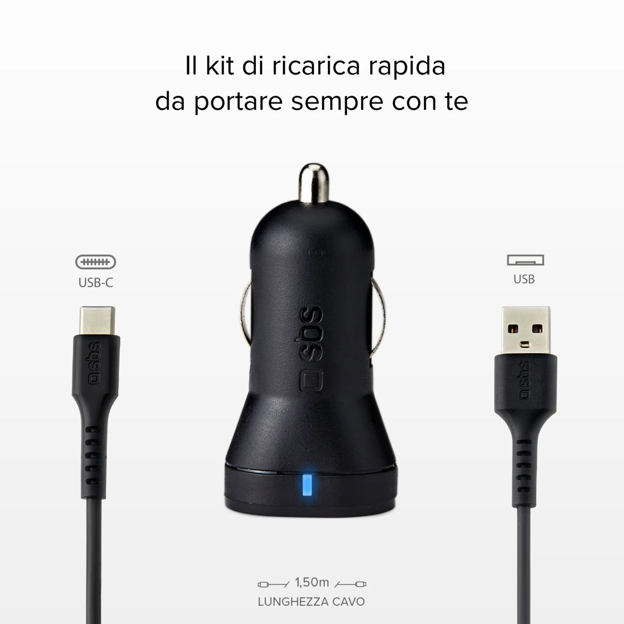 SBS USB-Type-C Car Charger Kit. 1A + 2.1A. 1m. Black