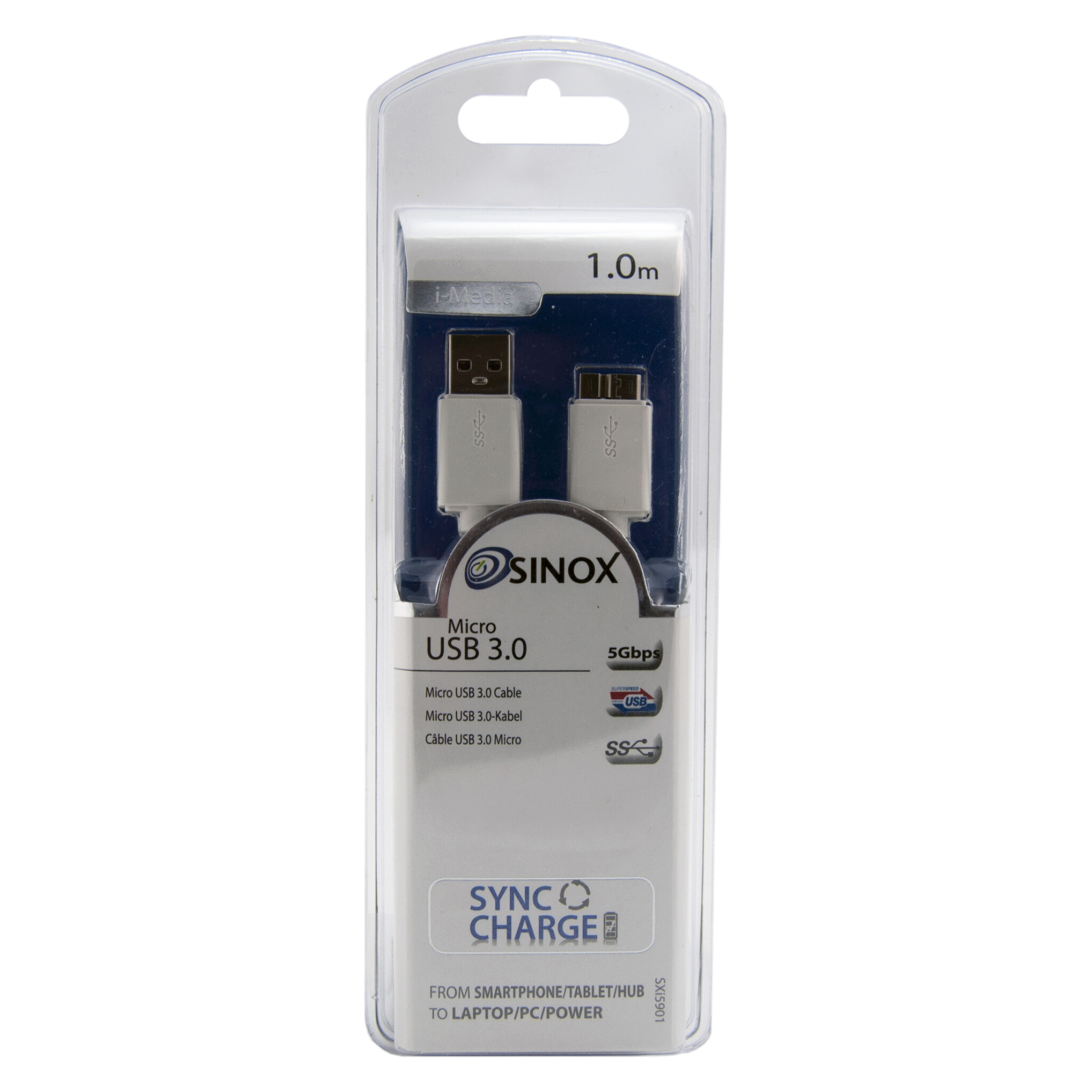 Sinox USB A 3.0 til Micro USB 3.0. 1m. Hvit