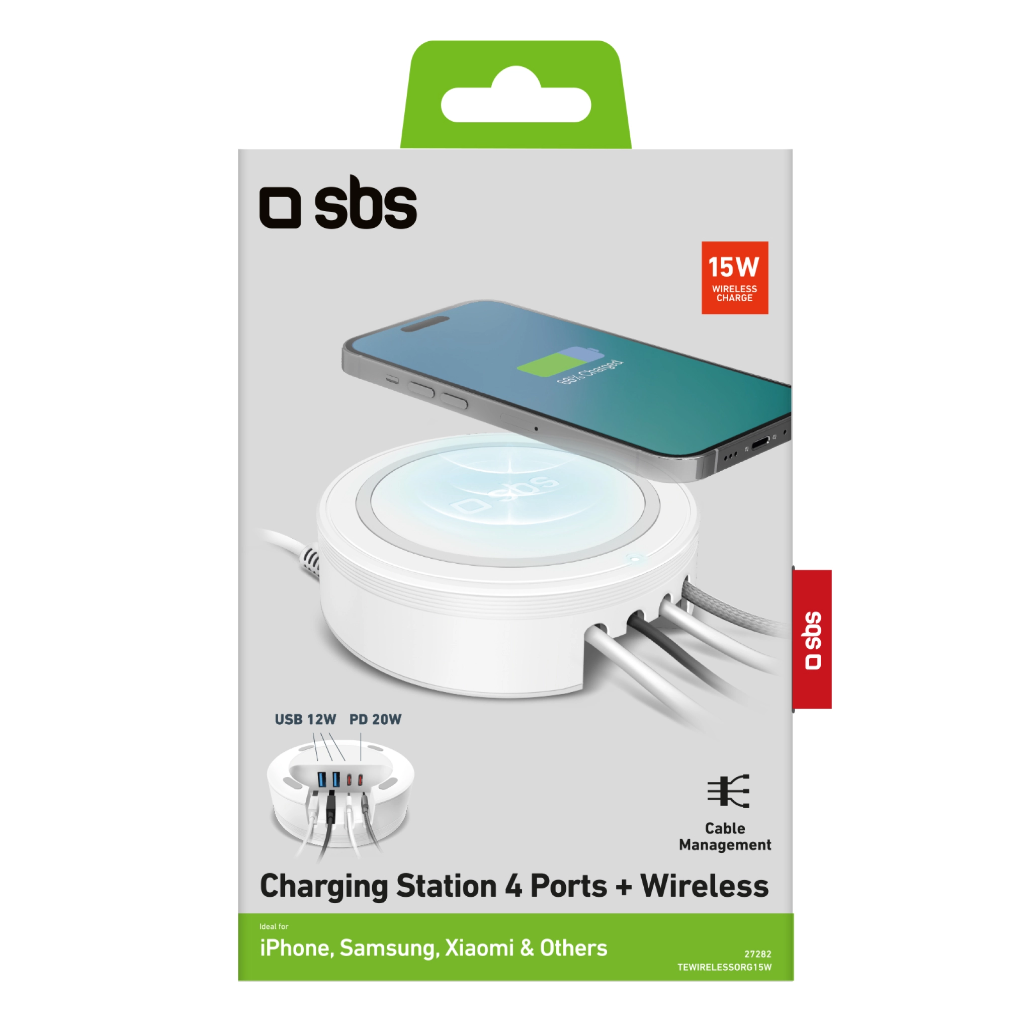 SBS ladestasjon med 2 USB-A-porter, 2 USB-C-porter og trådløs lader. Hvit