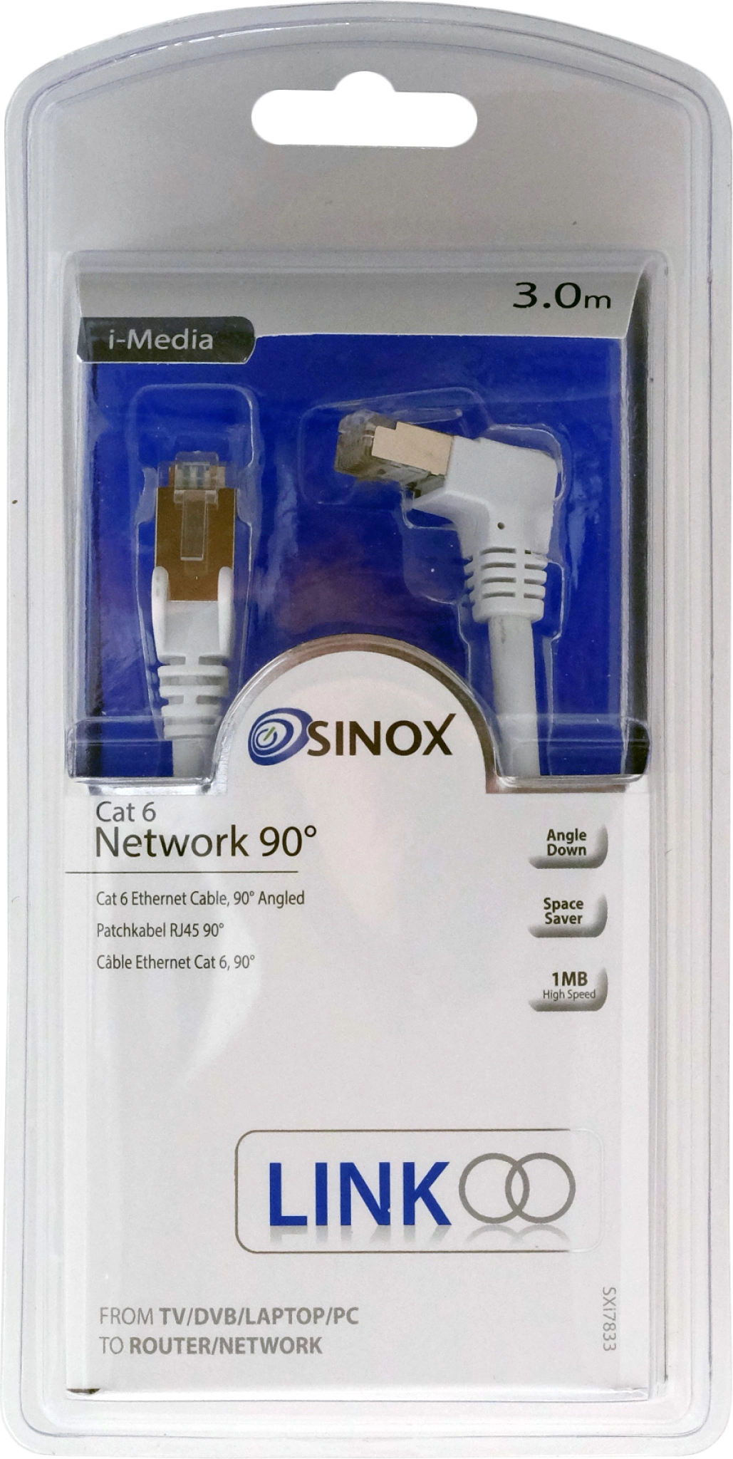 Sinox Cat6 nettverkskabel. 3m. Hvit