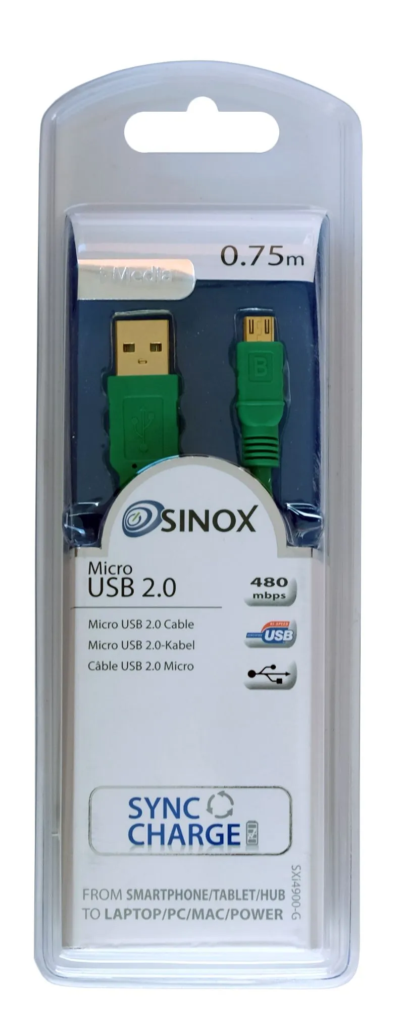 Sinox Micro USB-kabel. 0,75m. Grønn