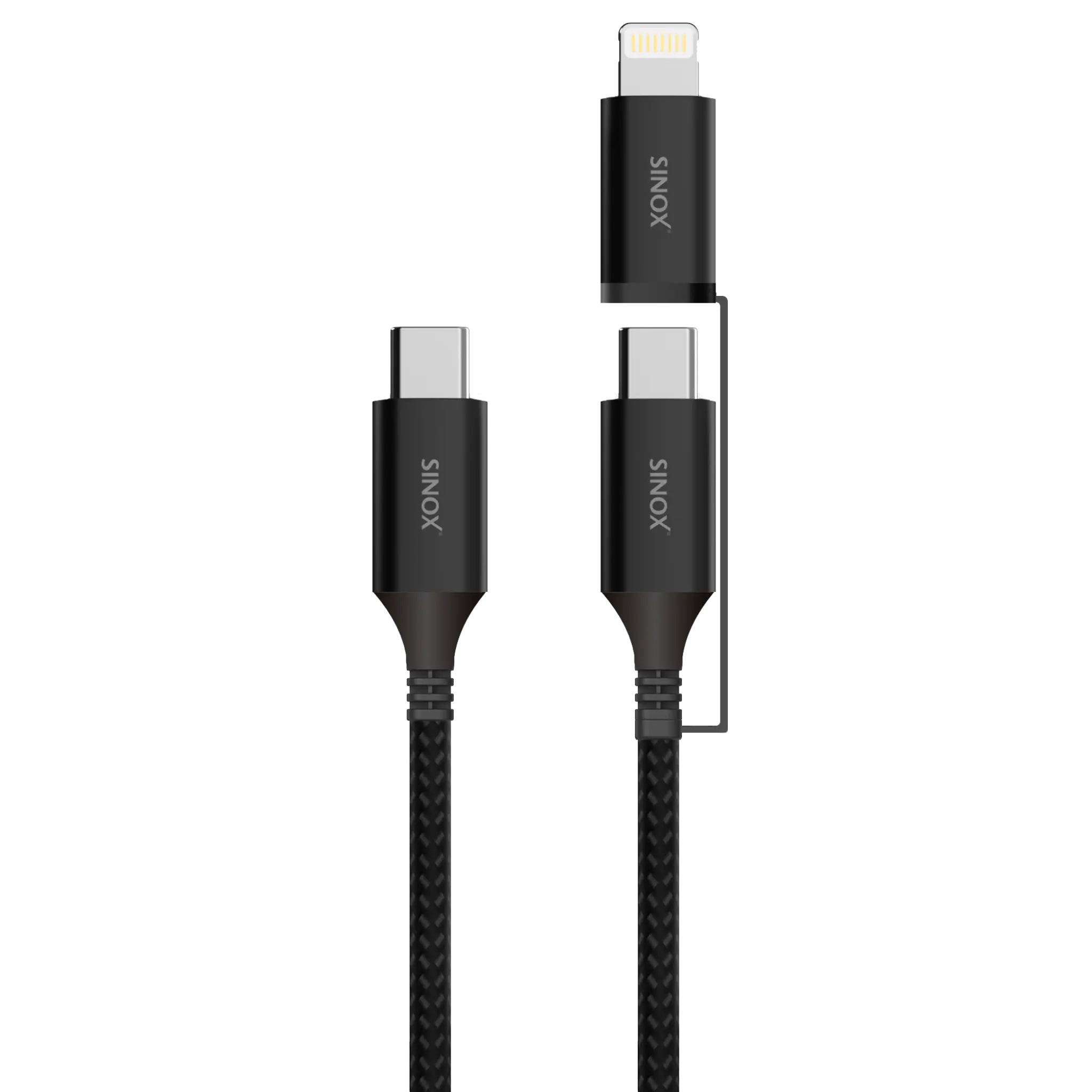 Sinox PRO 2-i-1-kabel med USB-C og Lightning. 1.5m. Flettet. Svart