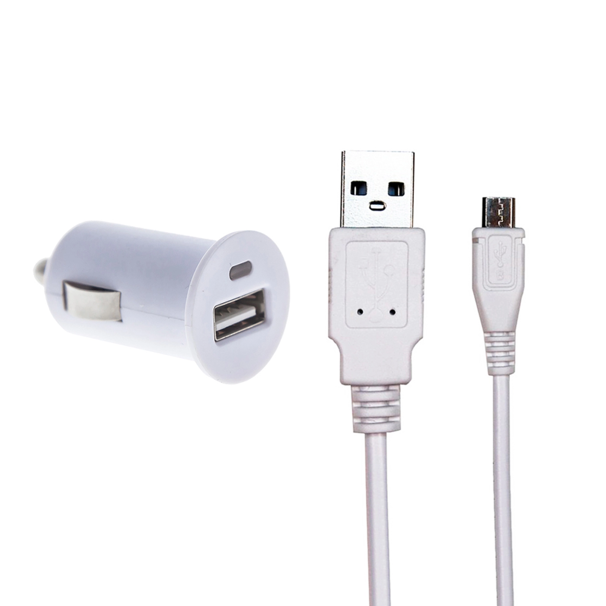 Sinox 12 V USB A billader m/mikro-USB-kabel. 2.4A. 1.5m. Hvit