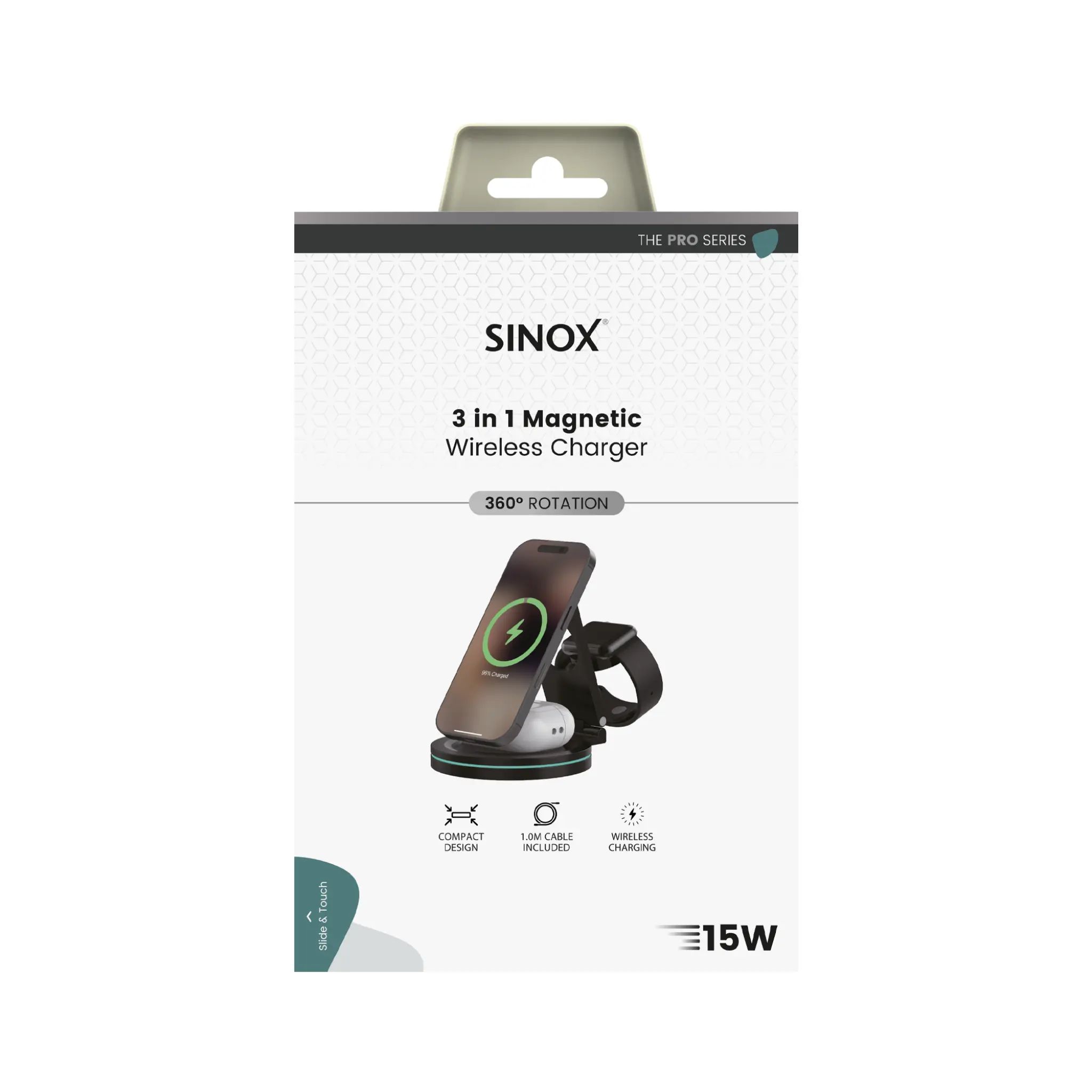 Sinox PRO 3-i-1 trådløst 15W ladestativ. Svart