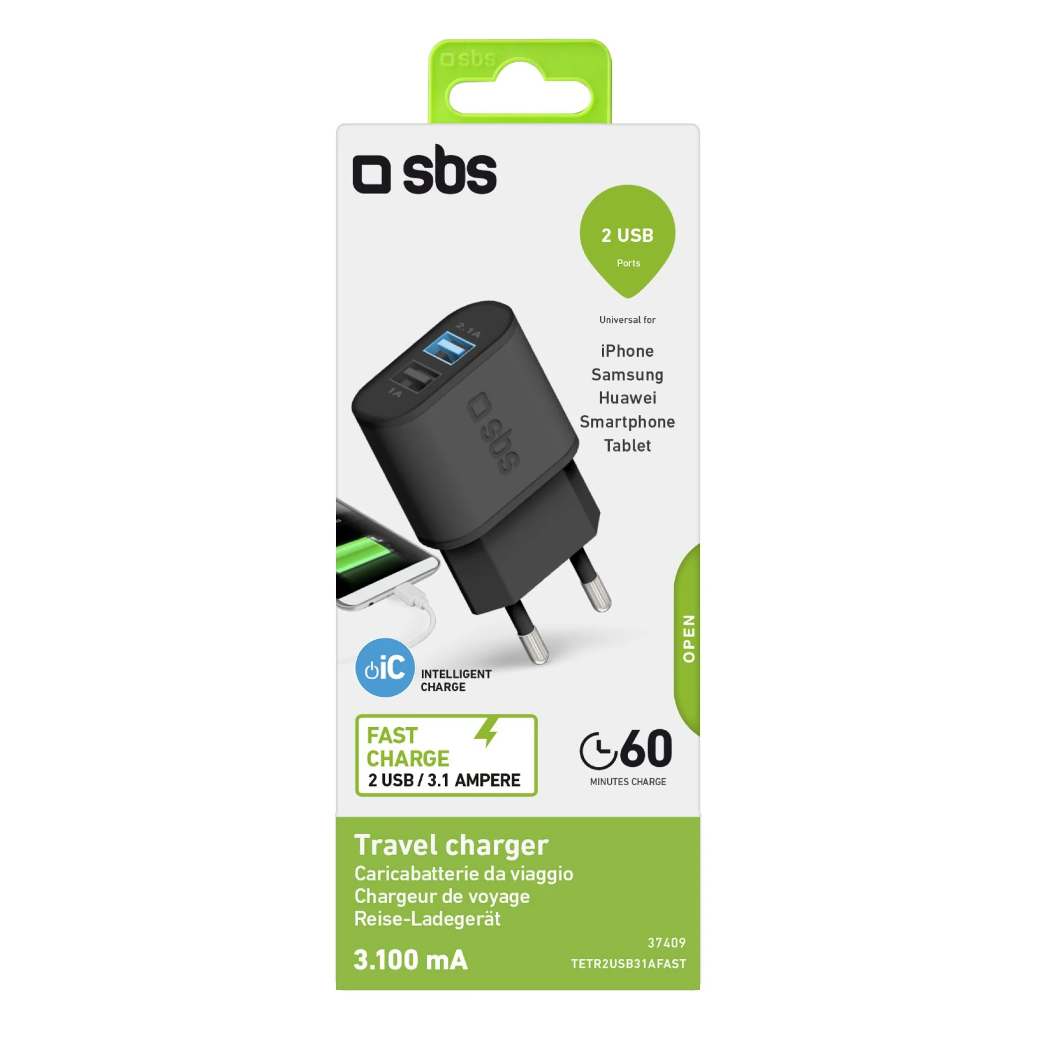 SBS 3100 mAh Charger. 2.1A + 1A. Black