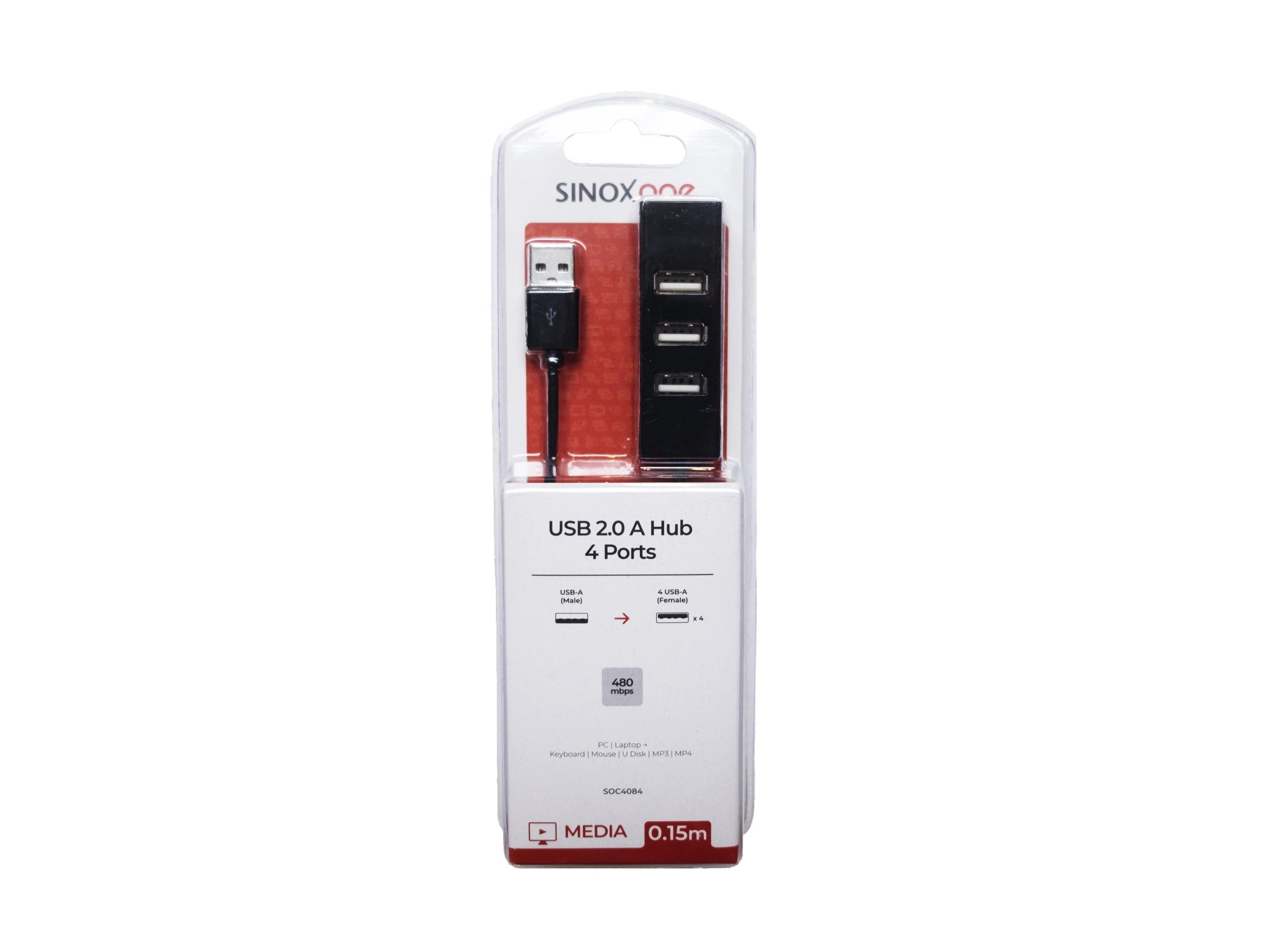 Sinox One USB 2.0 4-port. 0.15m. Svart