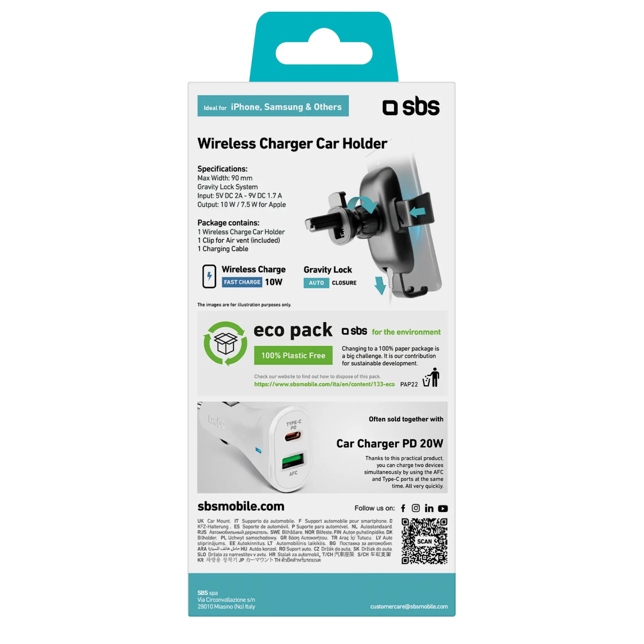 SBS Wireless Gravity Phone Holder for Cars with a Quick Charger. Black