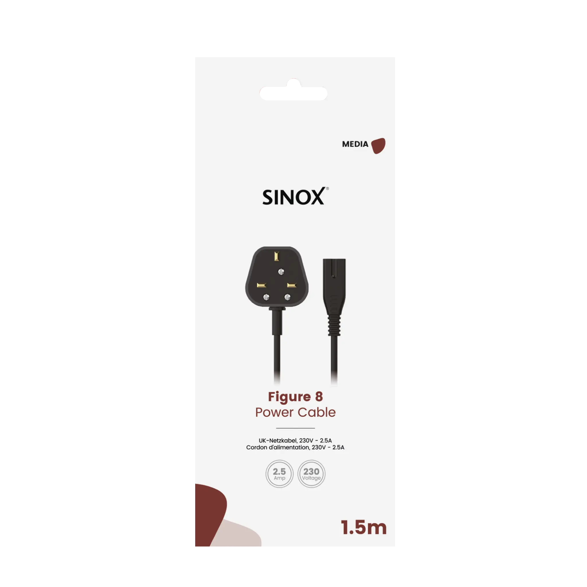 Sinox 8-sifret kabel med britisk støpsel. 1.5m. Svart