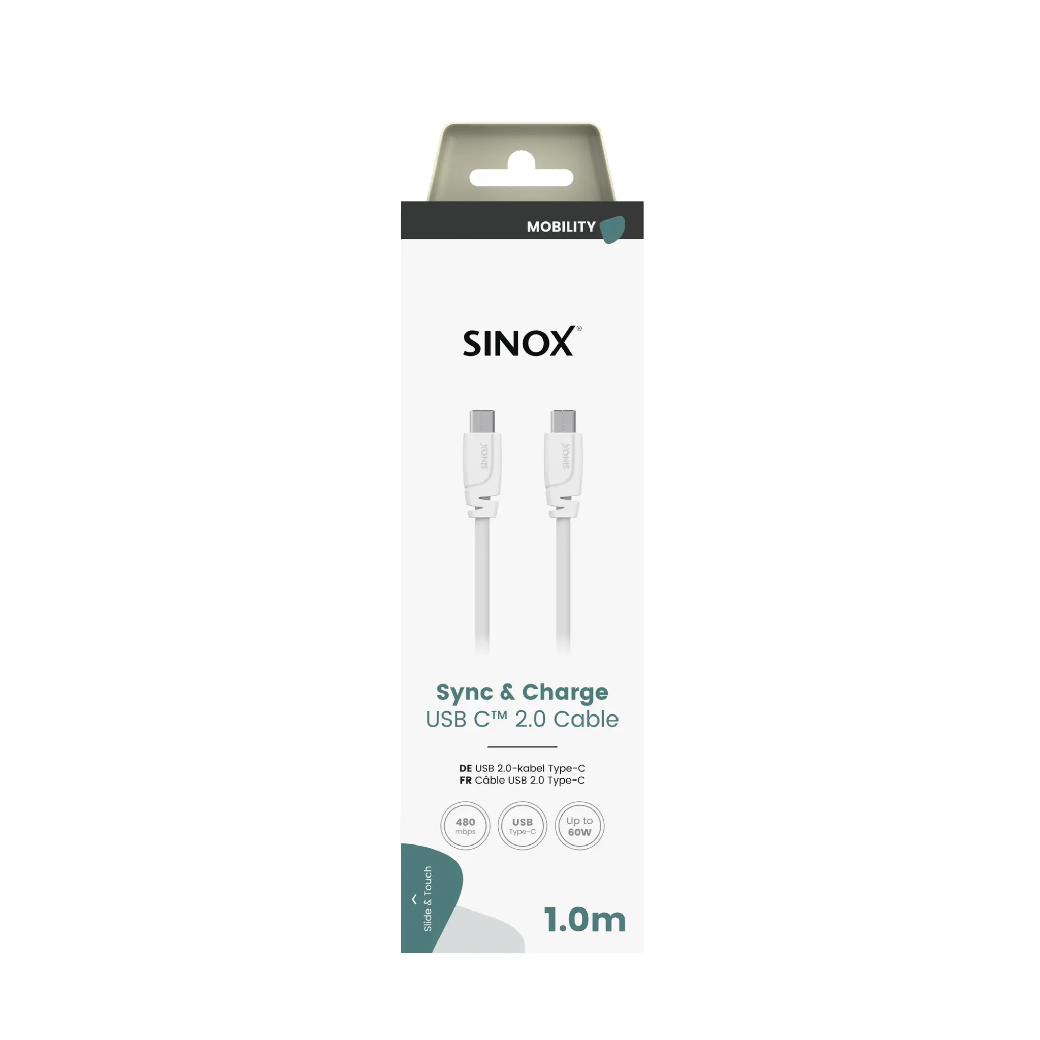 Sinox USB C 2.0-kabel. 1m. Hvit