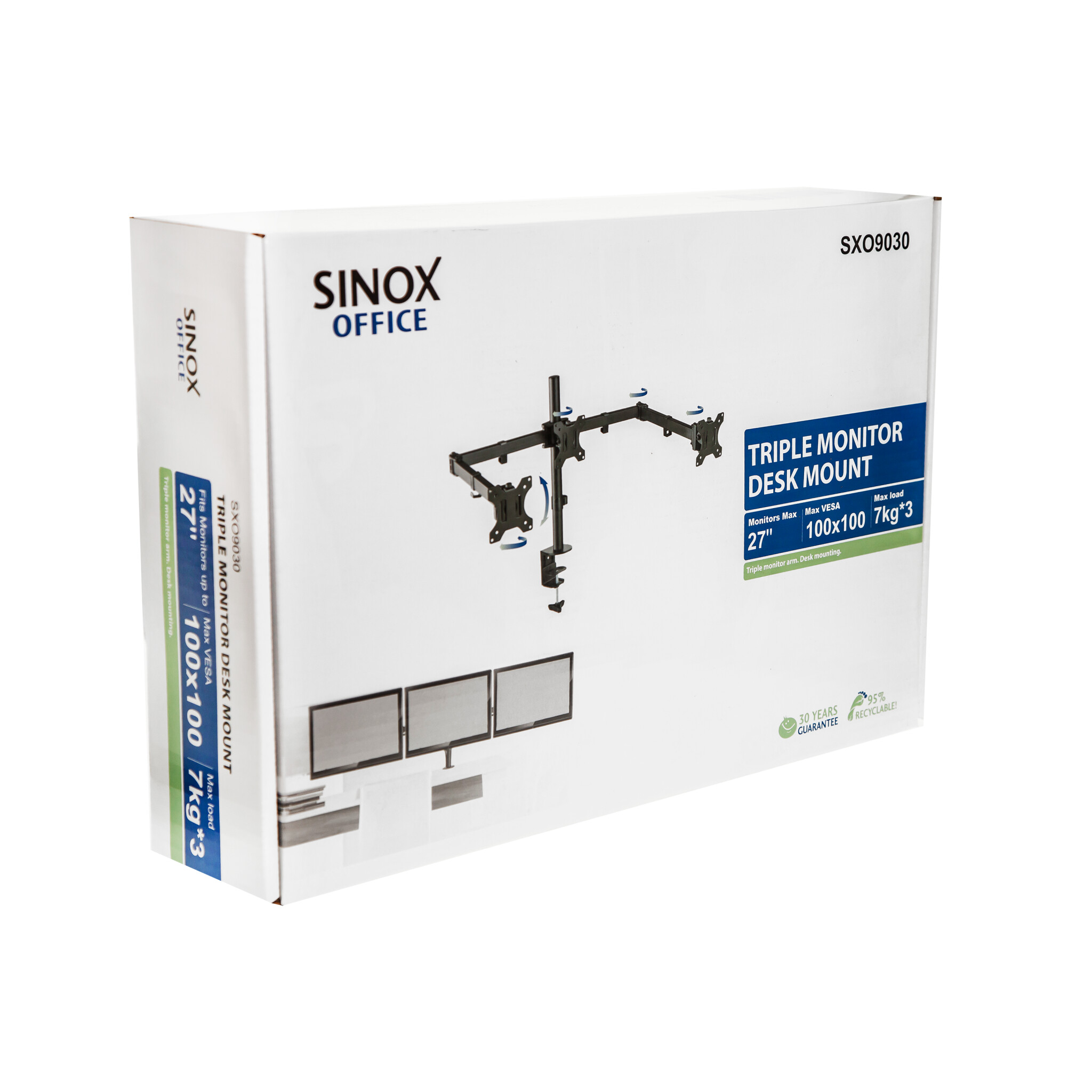 Sinox Office Tripple Monitor Desk Mount. Opp til 27". Svart