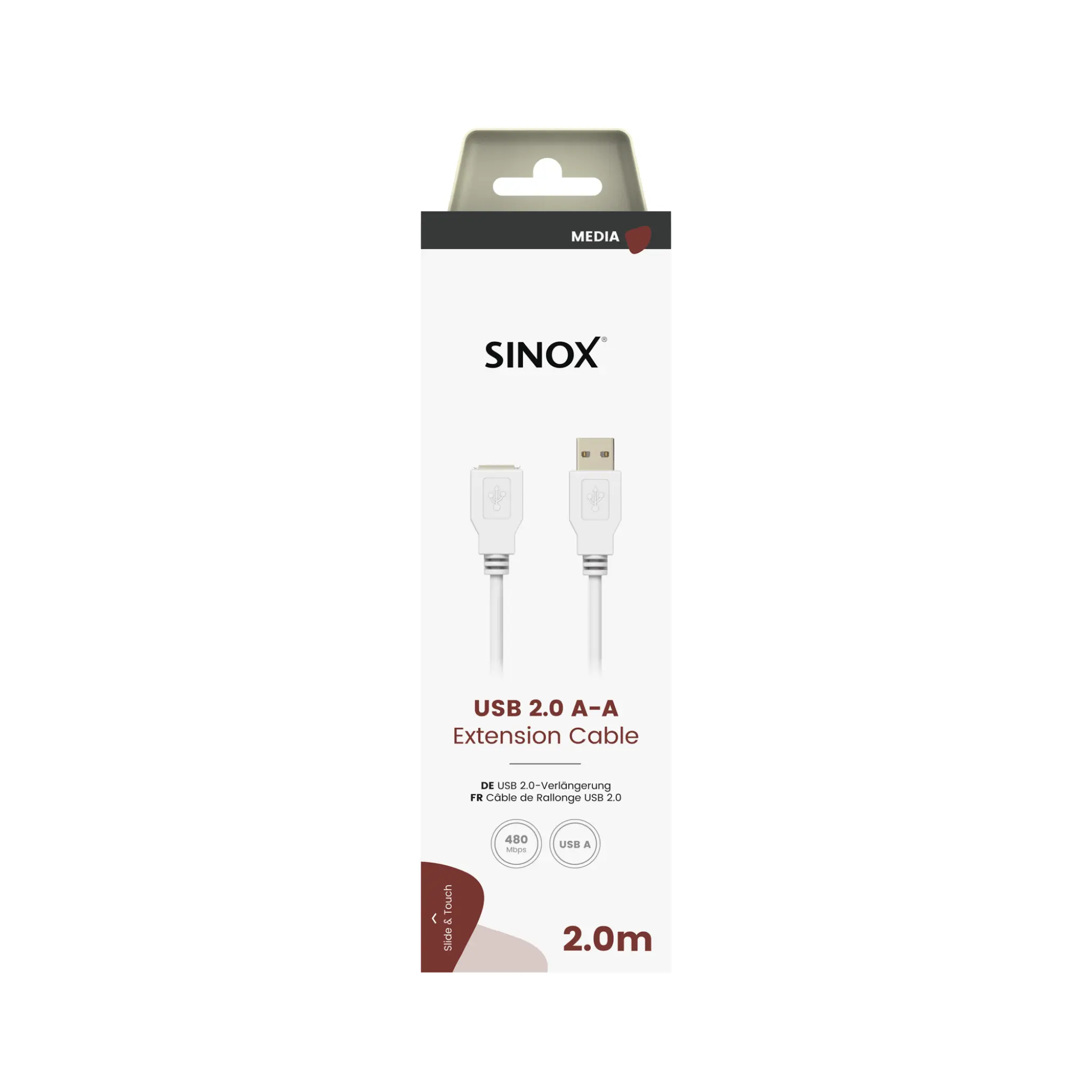 Sinox USB 2.0-forlengelseskabel. 2m. Hvit