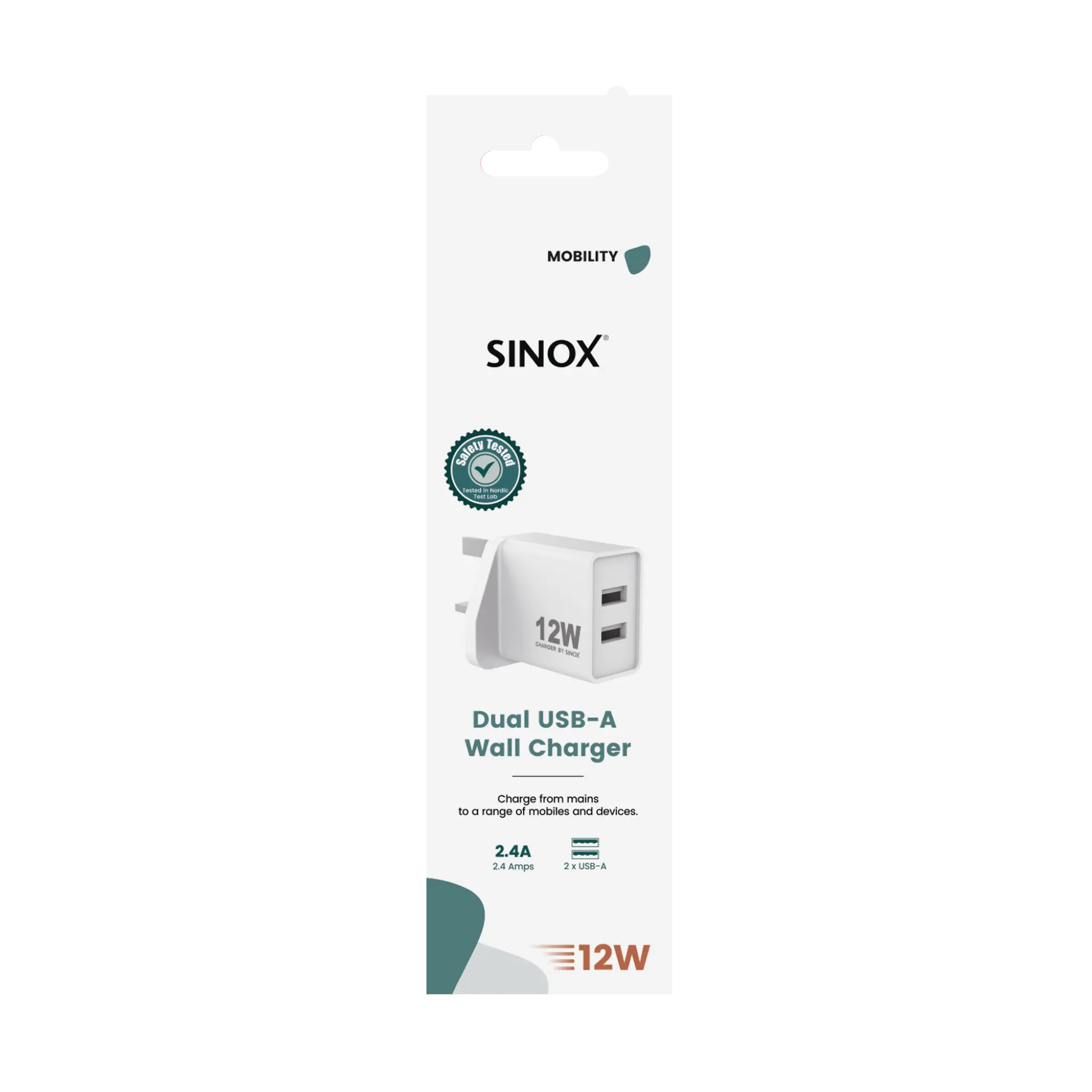 Sinox vegglader 2xUSB-A 12W. Hvit