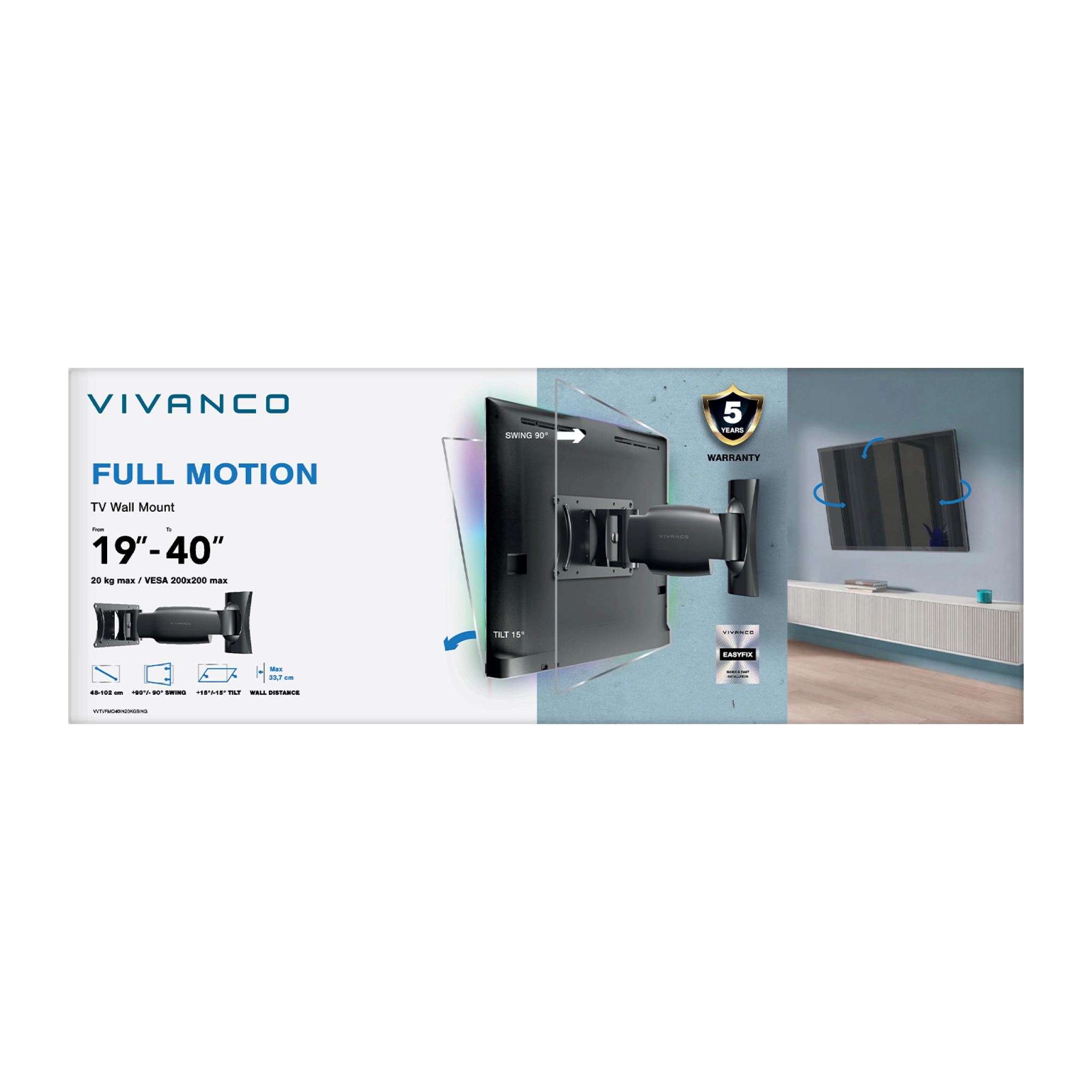 Vivanco TITAN TV-veggmontering, TILT, rotasjon 360°, 40", 20 kg, VESA 200x200