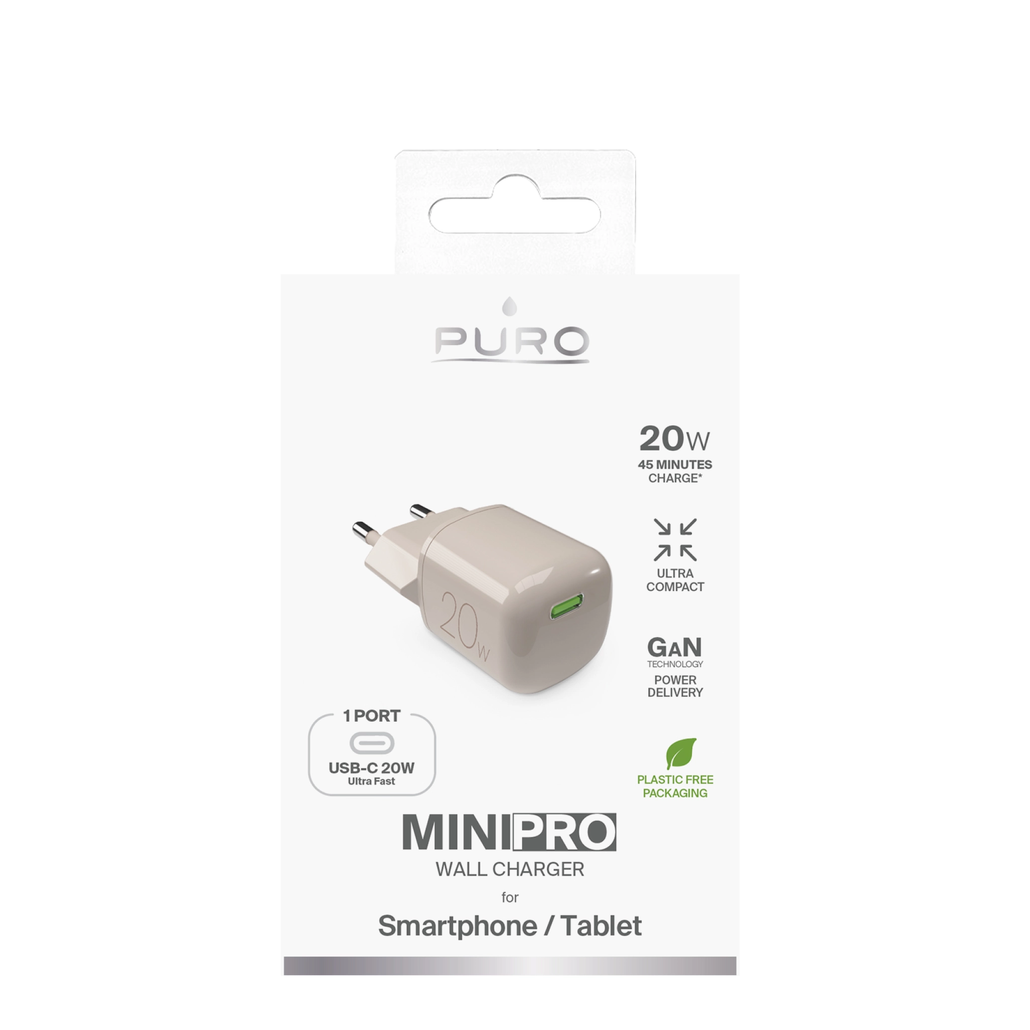 PURO MiniPro 20 W USB-C-vegglader - GAN-teknologi