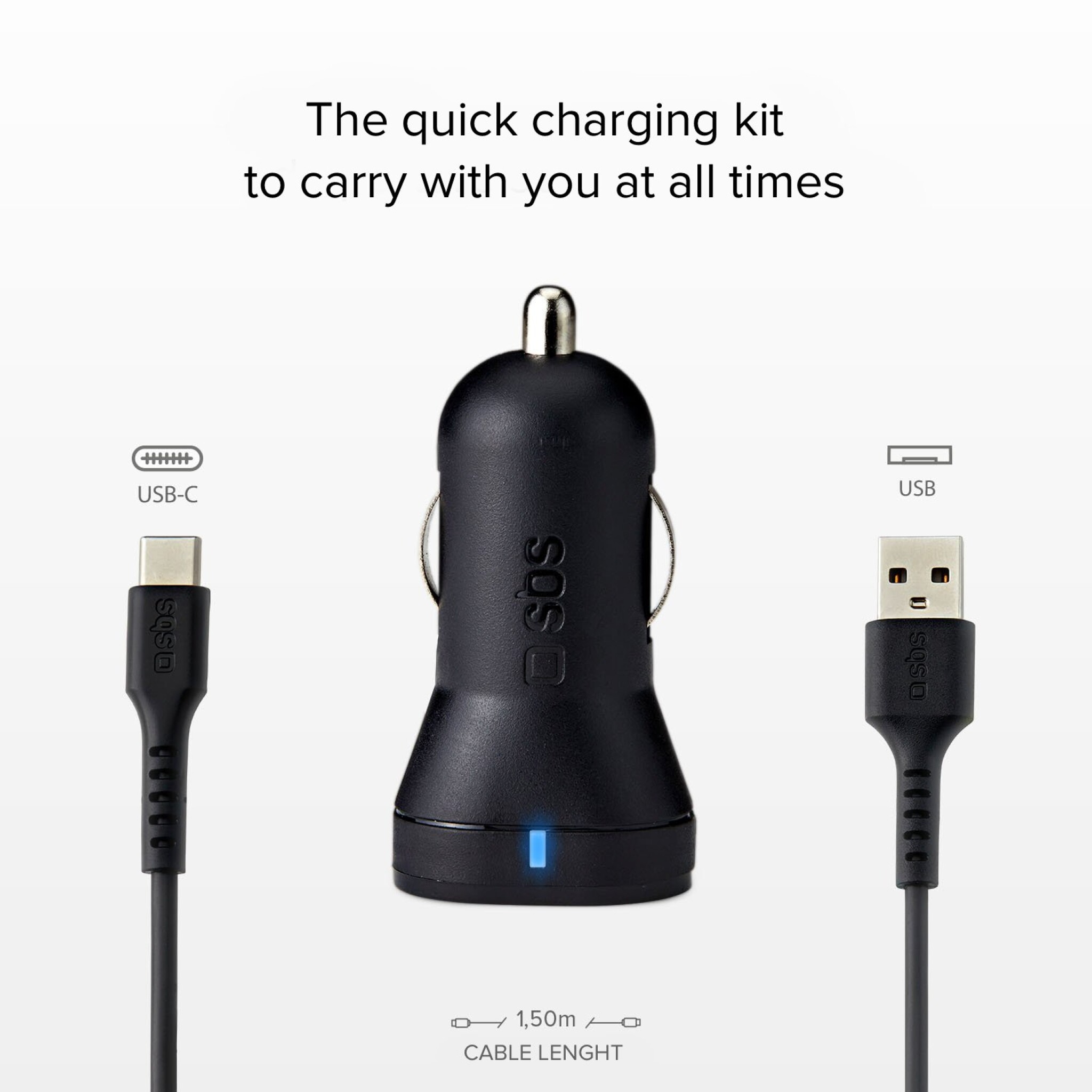 SBS USB-Type-C Car Charger Kit. 1A + 2.1A. 1m. Black