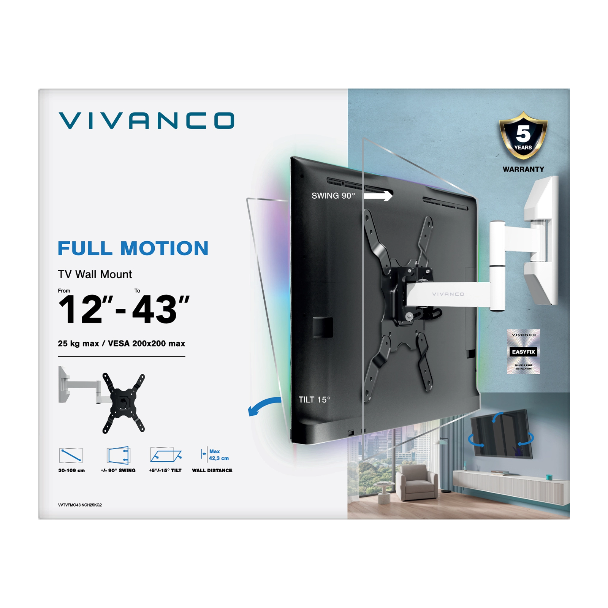 Vivanco TV-veggmontering, MOTION, dobbel arm, 43", 25 kg hvit, VESA 200x200