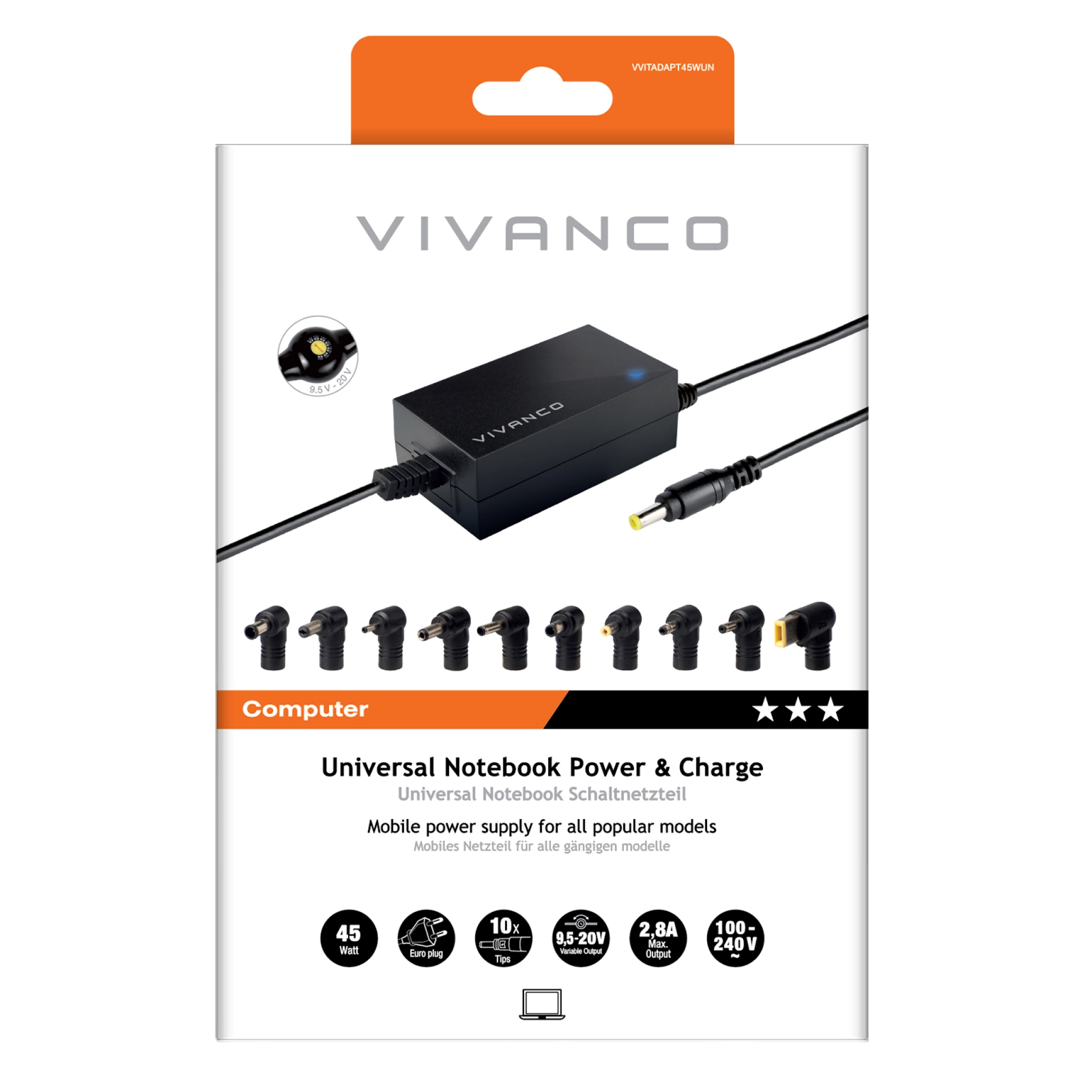 Vivanco Universal strømforsyning med bryter for bærbare datamaskiner og netbooks, 45 Watt