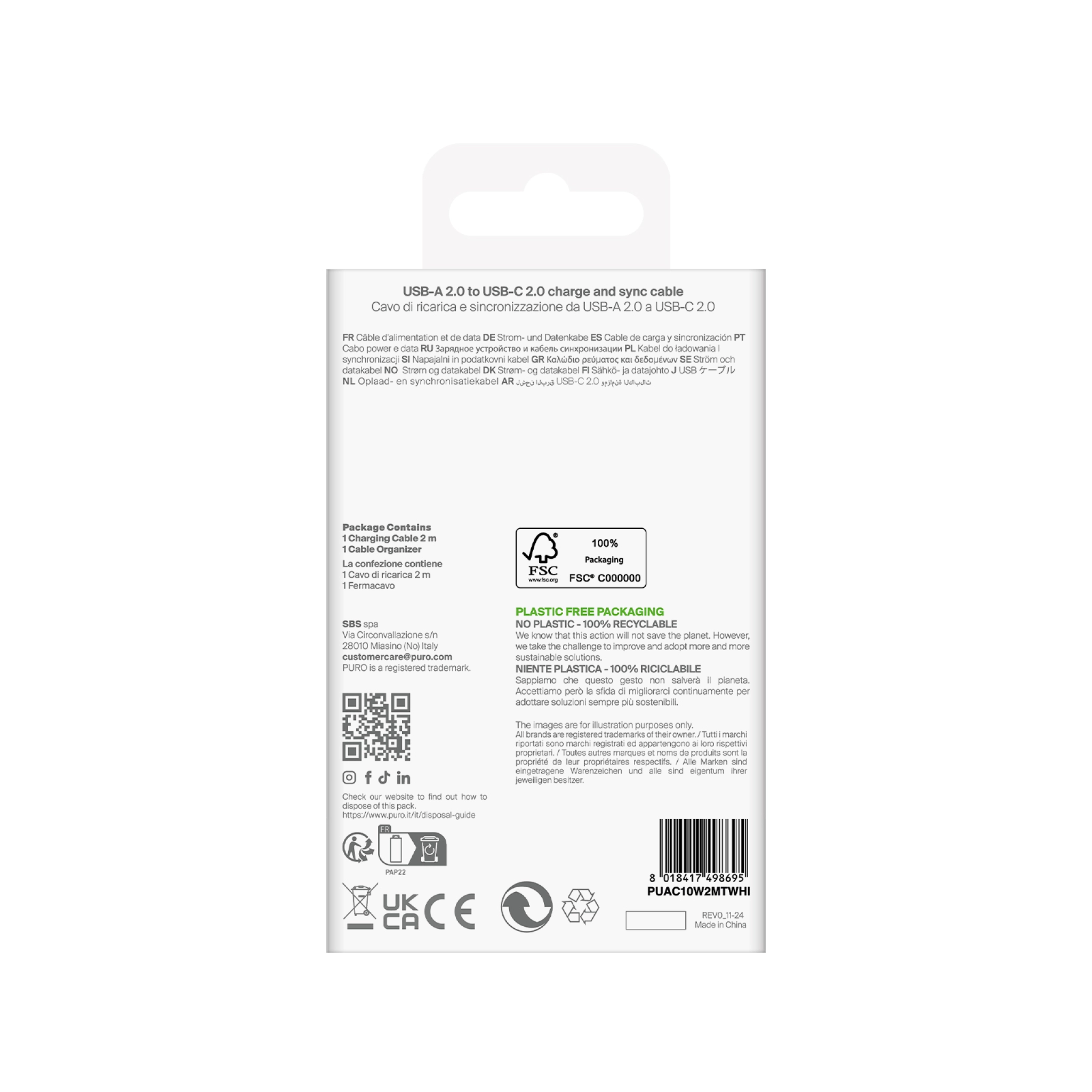 PURO TPE-kabel USB-A til USB-C, 2 m, 2,0, 10 W, hvit